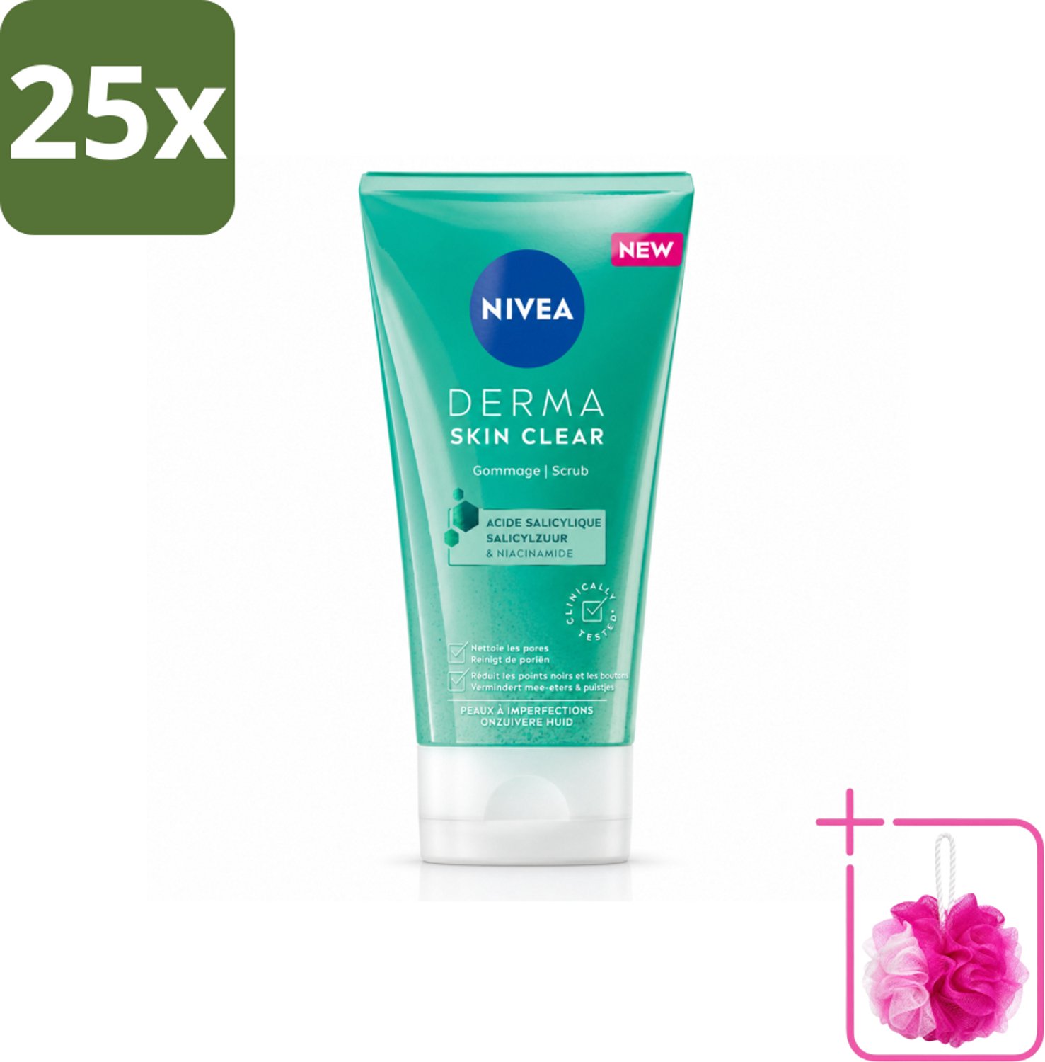 25 x NIVEA - Gezichtsscrub - DERMA Huidzuiver - Voor onzuivere huid - Met Salicylzuur (AHA) & Niacinamide - Tegen Acne & Mee-eters - 150 ml - Bulkverpakking - Gezichtsverzorging - Douchemop - Puistjes