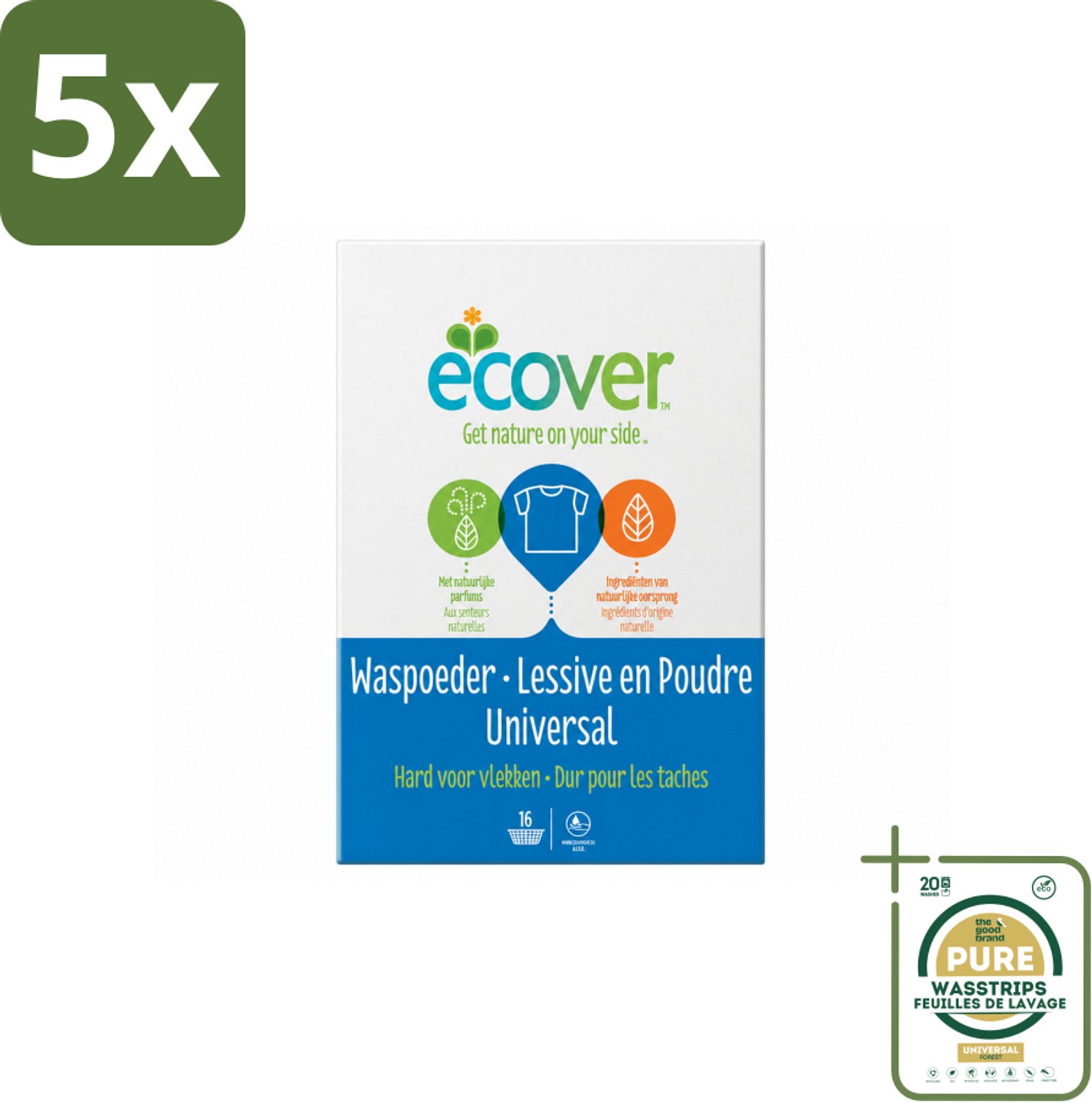 5 x Ecover - Waspoeder Universal - Voor witte & bonte was - 1,2 kg - Wasstrips - Waspoeder - Wasmiddel - Witte Was - Bonte Was - Vuil Verwijderen