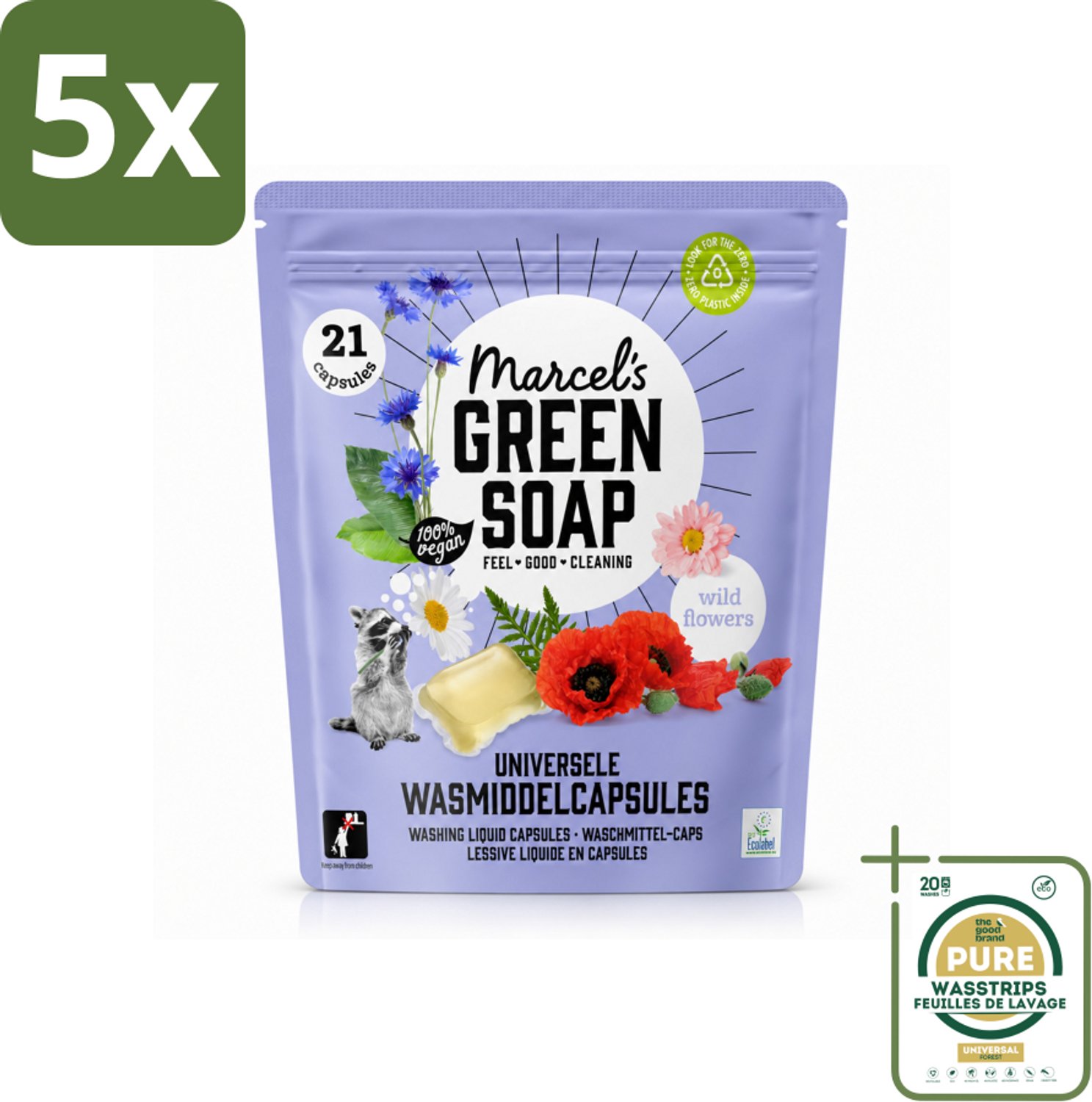 5 x Marcel's Green Soap - Wascapsules - Wilde Bloemen - Gemak in één dosis - 21 Capsules - Wasstrips - Wasmiddel - Wascapsules - Wilde Bloemen - Natuurlijke Geur - Vegan Wasmiddel