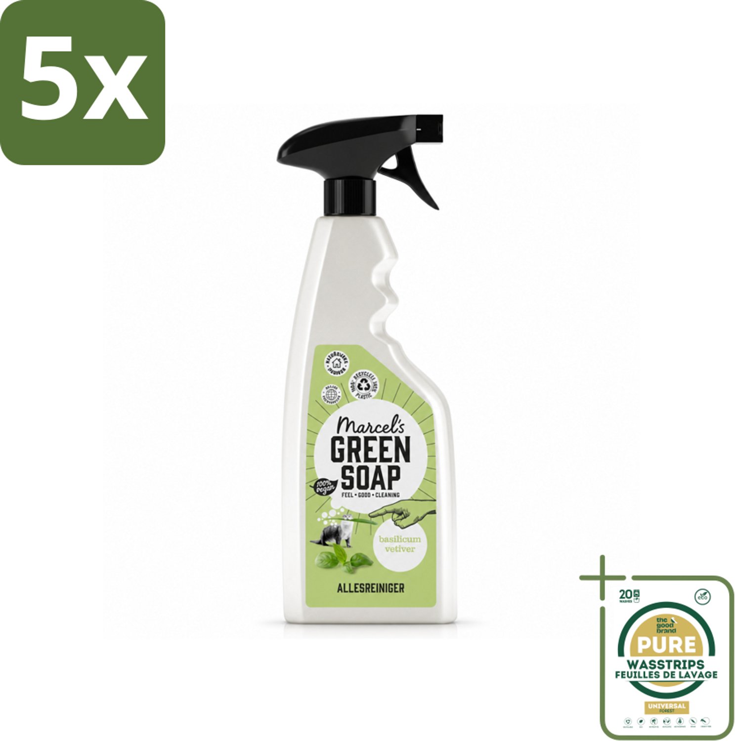 5 x Marcel's Green Soap - Allesreiniger Spray - Basilicum & Vetiver gras - Natuurlijk & effectief - 500 ml - Wasstrips - Allesreiniger Spray - Natuurlijke Reiniger - Vegan Reiniger - Milieuvriendelijke Reiniger - Vuil Verwijderen