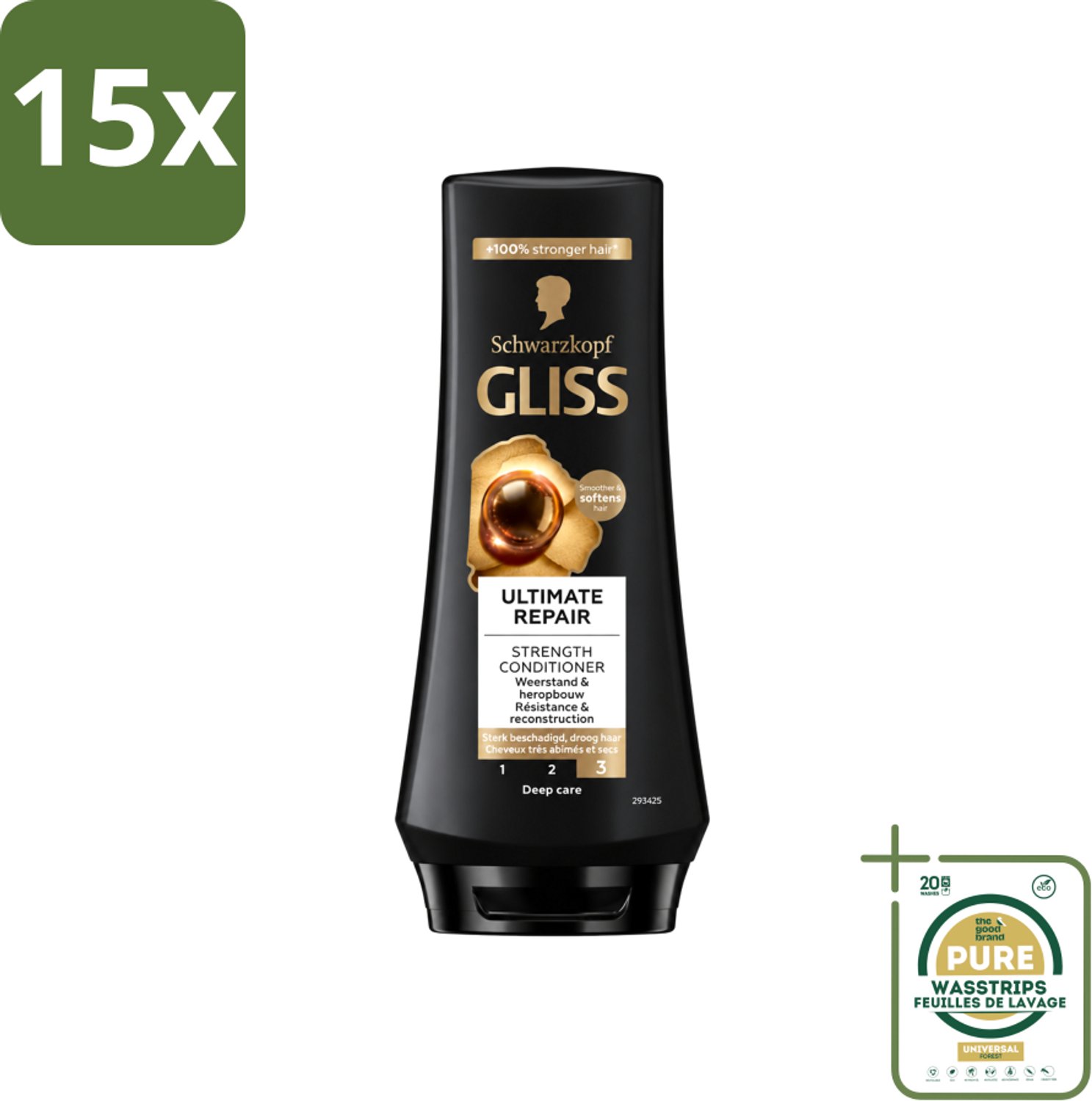 15 x Gliss - Hair Repair - Conditioner voor Ultiem Herstel van Beschadigd Haar - 200 ml - Wasstrips - Haarherstel - Beschadigd Haar - Keratine - Haarverzorging - Crèmespoeling