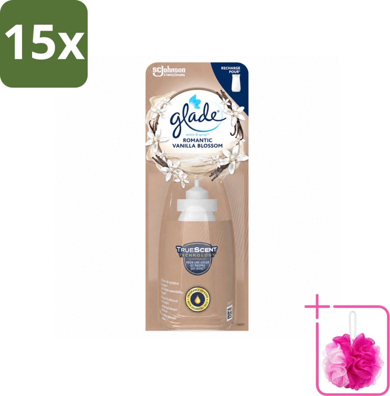 15 x Glade - Sense & Spray - Romantic Vanillebloesem - 18 ml - Bulkverpakking - Romantische geur - Douchemop - Geurafgifte