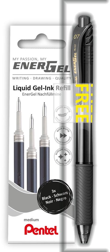 Pentel EnerGel set met drie zwarte 0,7 mm navullingen en een gratis zwarte rollerpen.
