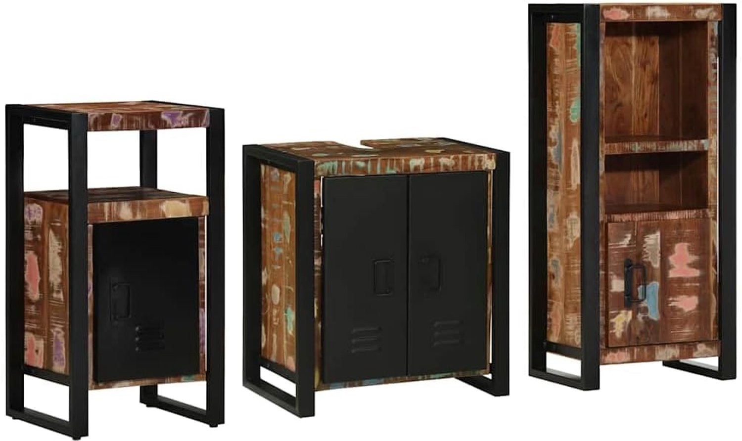 Badkamermeubelset met plank, 3 stuks, van ijzer en massief houten deuren, wastafelkastset met vrijstaande en wandgemonteerde badkamerkast voor kleine ruimtes