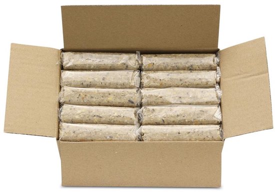 Open kartonnen doos met tien afzonderlijk verpakte vetblokken voor vogels, in twee stapels van vijf.