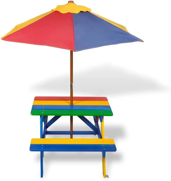 2-in-1 houten picknicktafel met zitbanken en parasol, meerkleurig, voor kinderen, stabiel en kleurrijk design, comfortabele banken aan beide zijden, ideaal voor games en dranken — afbeelding 5