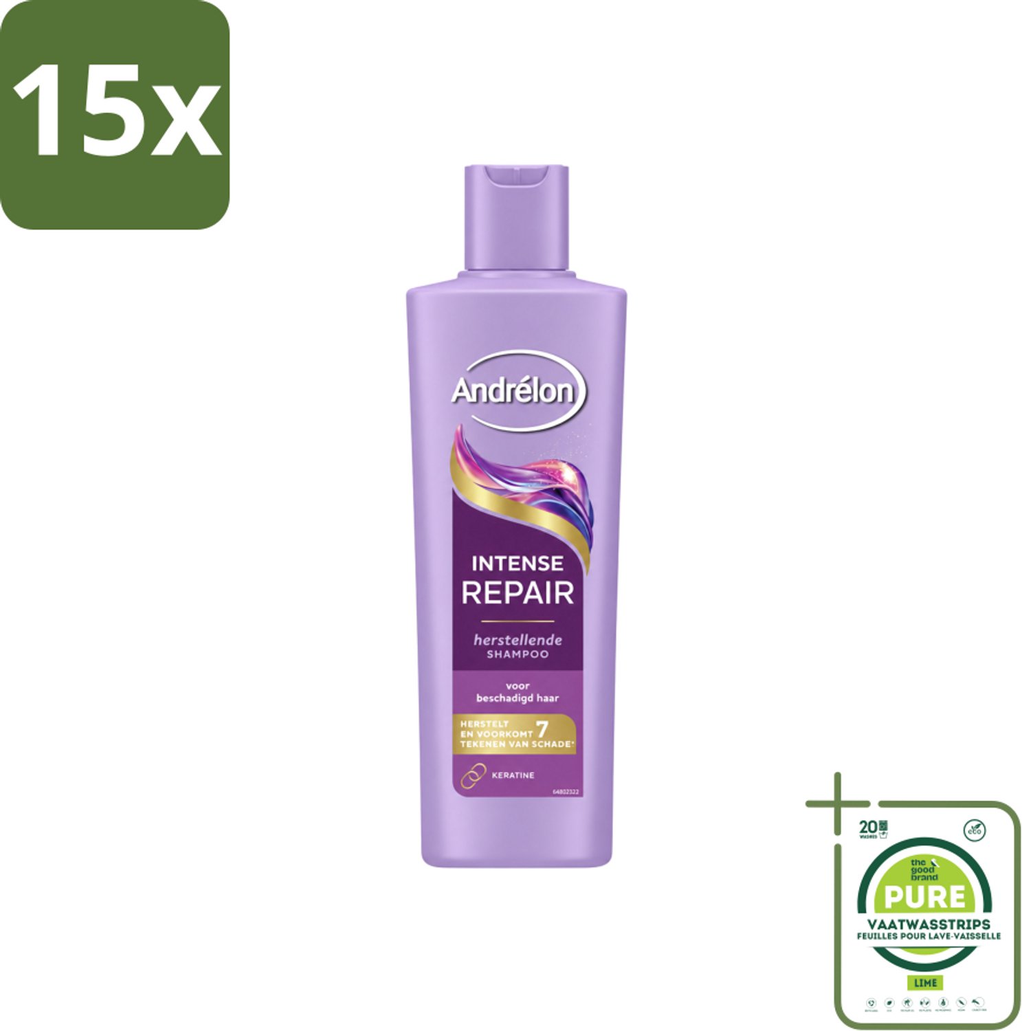 15 x Andrélon – Shampoo – Intense Repair – 250 ml - Grootverpakking - Vaatwasstrips - Haar Herstellen - Beschadigd Haar - Keratine Shampoo - Haar Beschermen - Haar Herstel