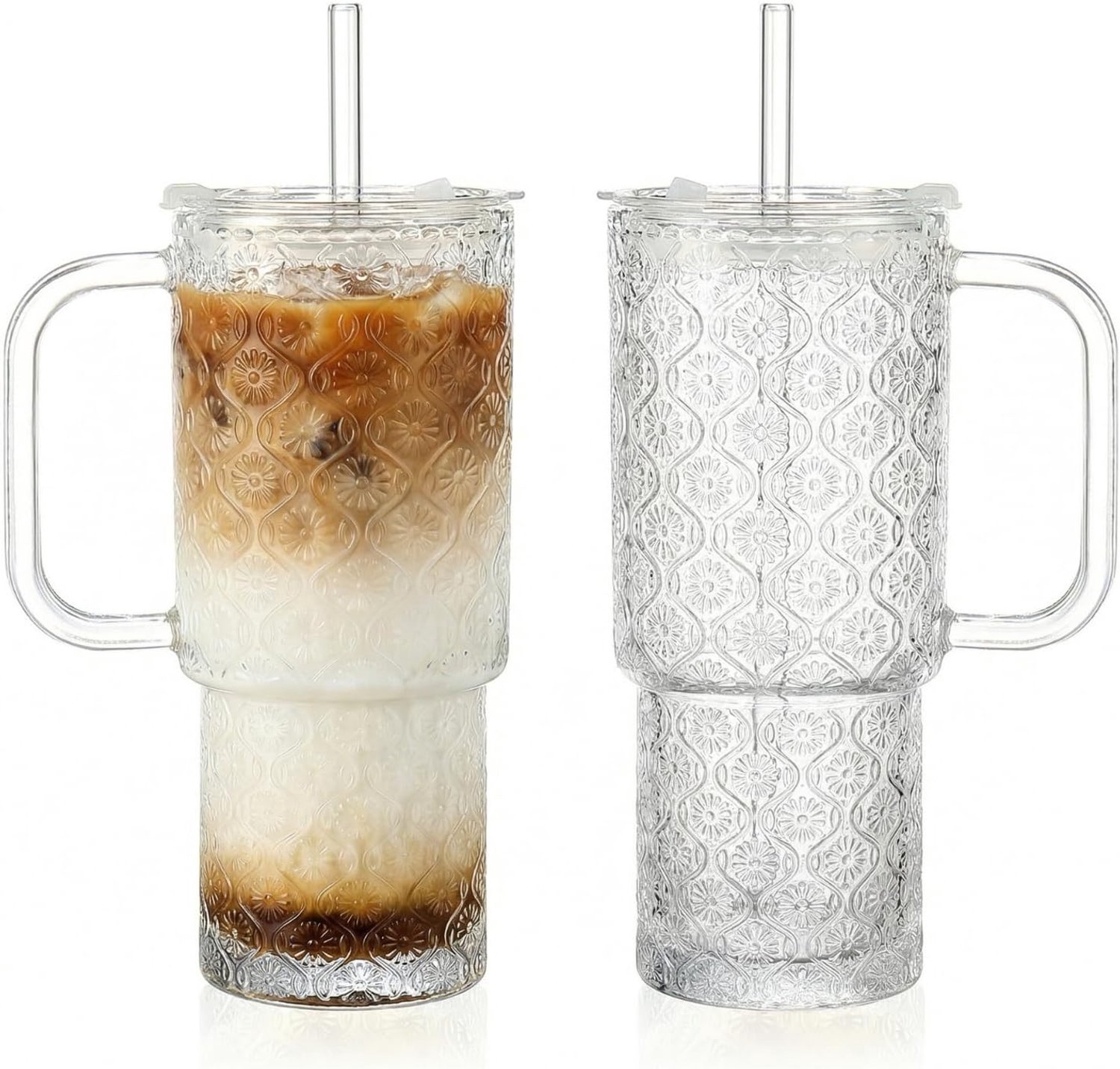 Beker 590 ml met deksel en rietje, ijskoffiekopjes van glas, lekvrije glazen met handvat, set van 2 vintage glazen voor cocktails, sap