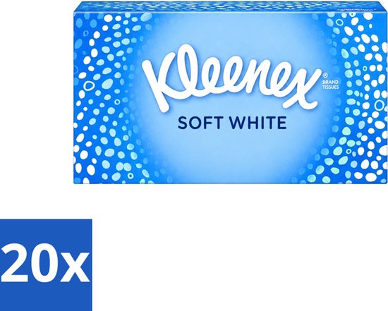 Boîte bleue de mouchoirs Kleenex Soft White avec motif à pois, incluant une icône bleue 20x.