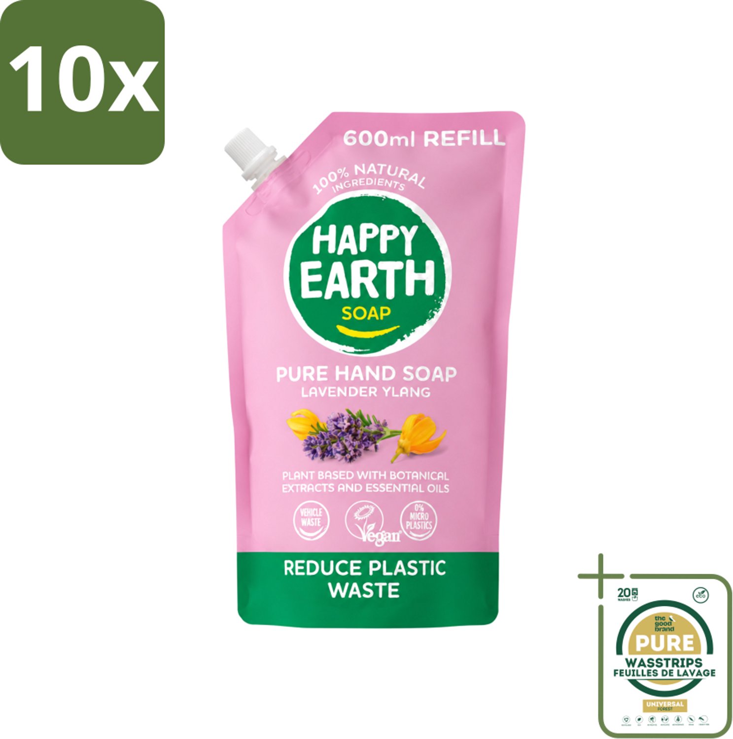 10 x Happy Earth – Handzeep Navulling – 100% Natuurlijk Lavender Ylang – 600 ml - Wasstrips - Handzeep Navulling - Natuurlijke Handzeep - Vegan Handzeep - Lavendel Handzeep - Ylang Handzeep