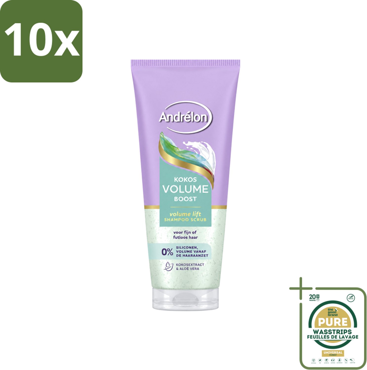 10 x Andrélon – Shampoo Scrub – Kokos Volume Boost – 200 ml - Wasstrips - Haarvolume - Kokos Shampoo - Haarverzorging - Exfoliatie - Fris Haar