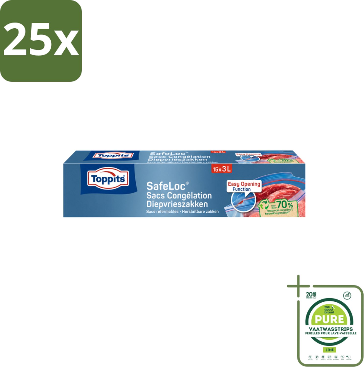 25 x Toppits – Safeloc Zip-Diepvrieszakken – 3 Liter – 15 Zakjes - Grootverpakking - Vaatwasstrips - Diepvrieszakken - Dubbele Sluiting - Voedselbescherming - Invriezen - Opwarmen