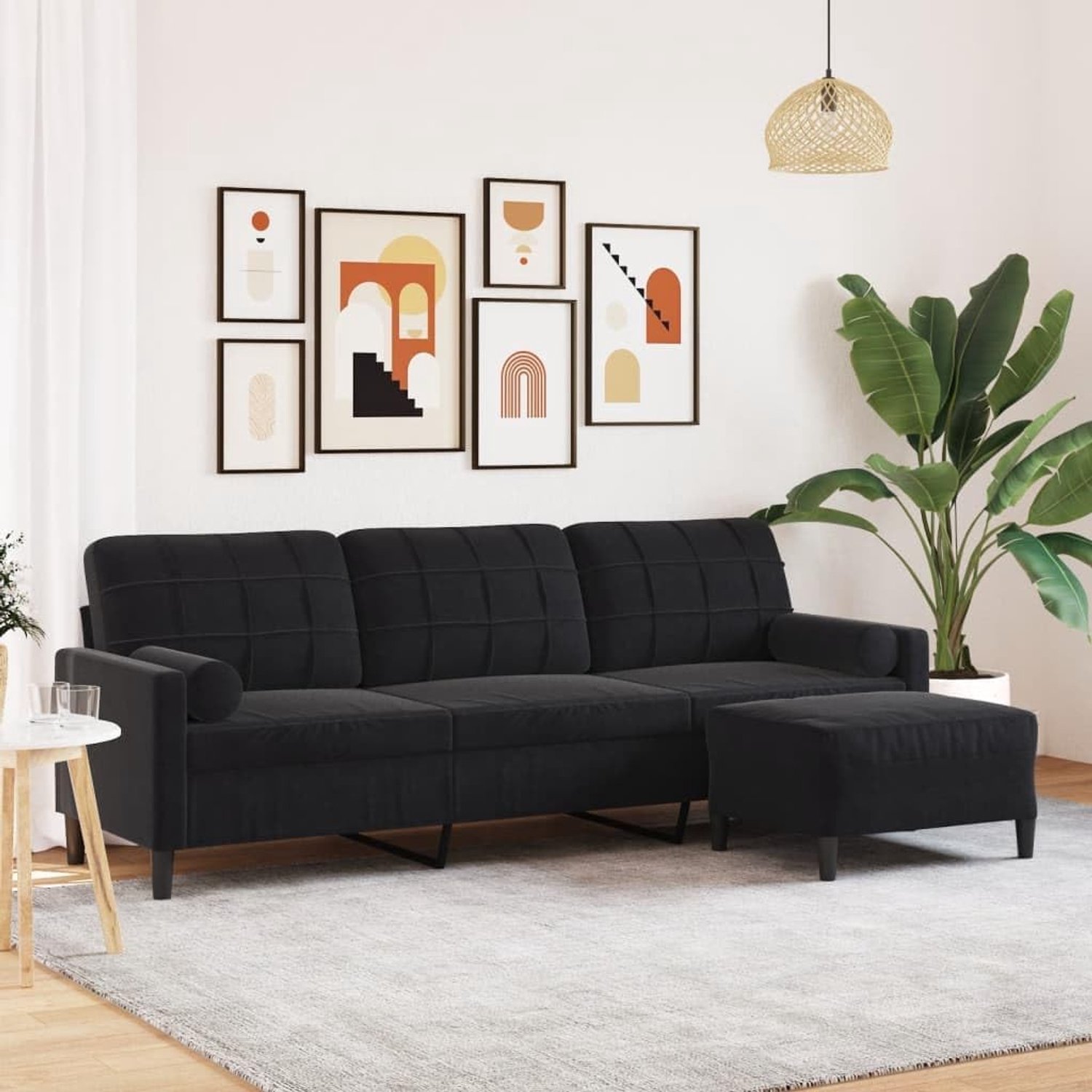 3-zitsbank met kruk 210 cm fluweel zwart metalen frame modern design woonkamer zitgroep comfortabele bekleding stabiele constructie velours comfortabel