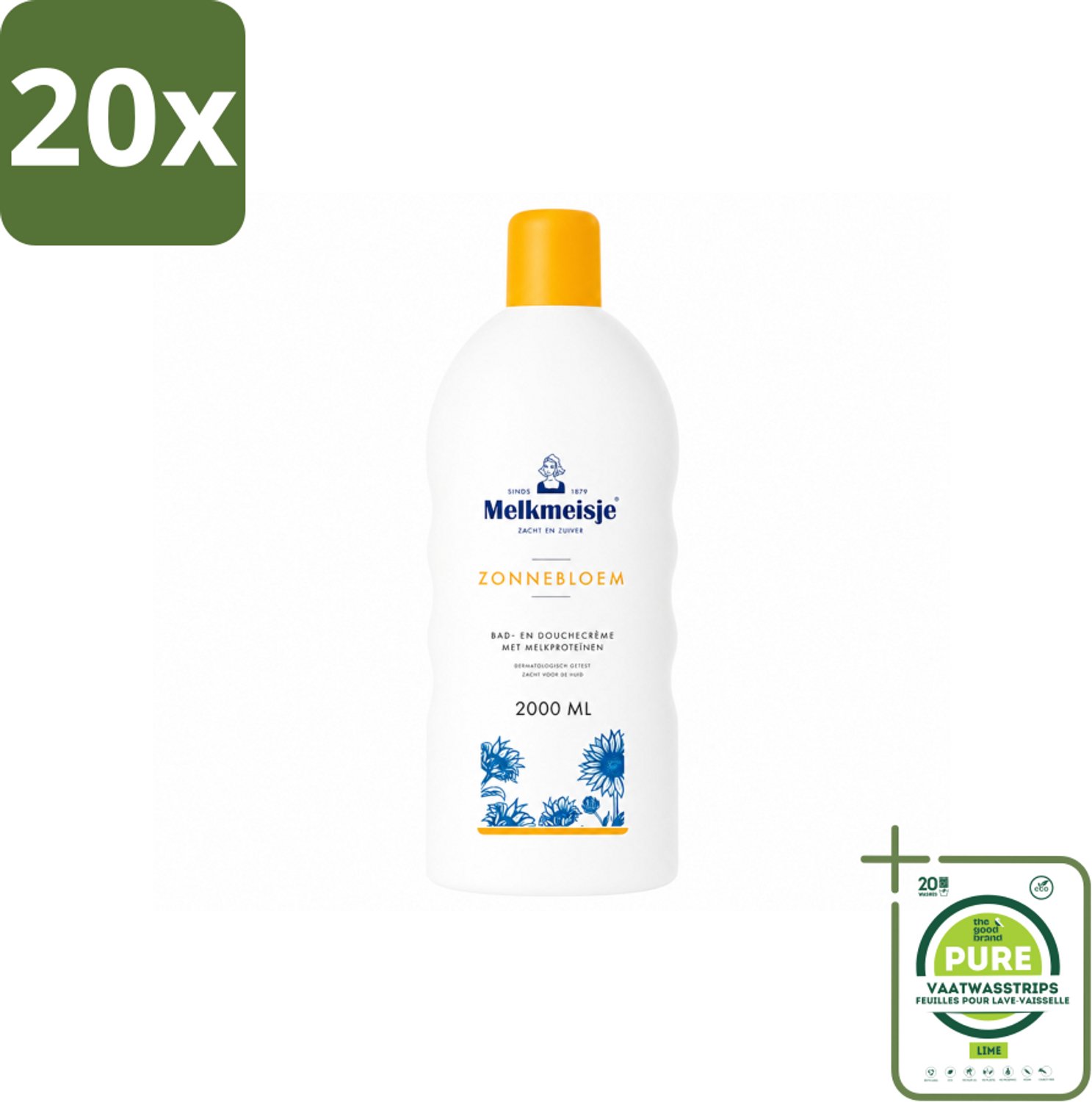 20 x Melkmeisje – Bad & Douchecrème – Zonnebloem – 2000 ml - Grootverpakking - Vaatwasstrips - Bad En Douche Crème - Zonnebloem En Melk - Huid Verzorging - Zachte Crème - Frisse Geur