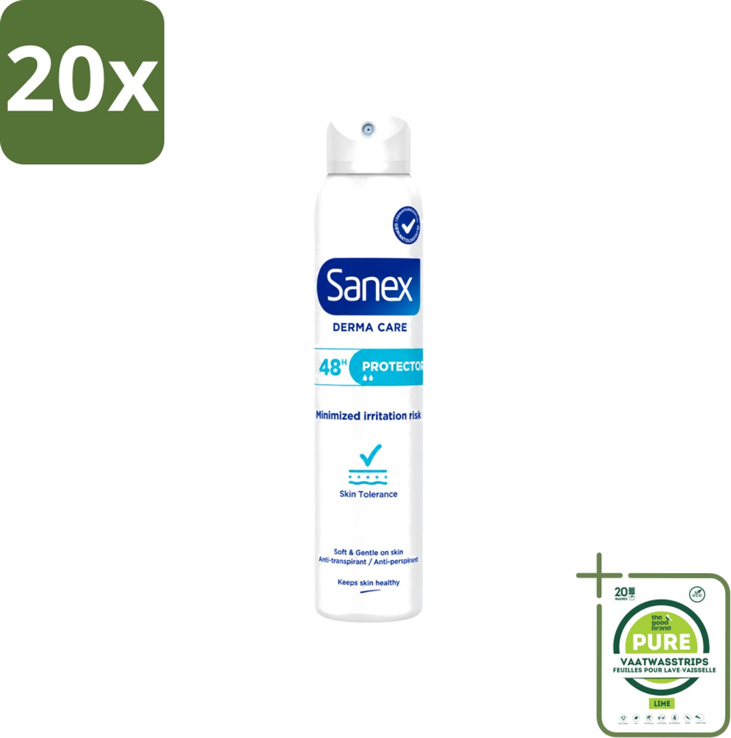 20 x Sanex – Deodorant Spray – Dermo Protector – 200 ml - Grootverpakking - Vaatwasstrips - Huidbescherming - Zweetbehandeling - Geurverwijdering - Hypoallergeen - PH-balans