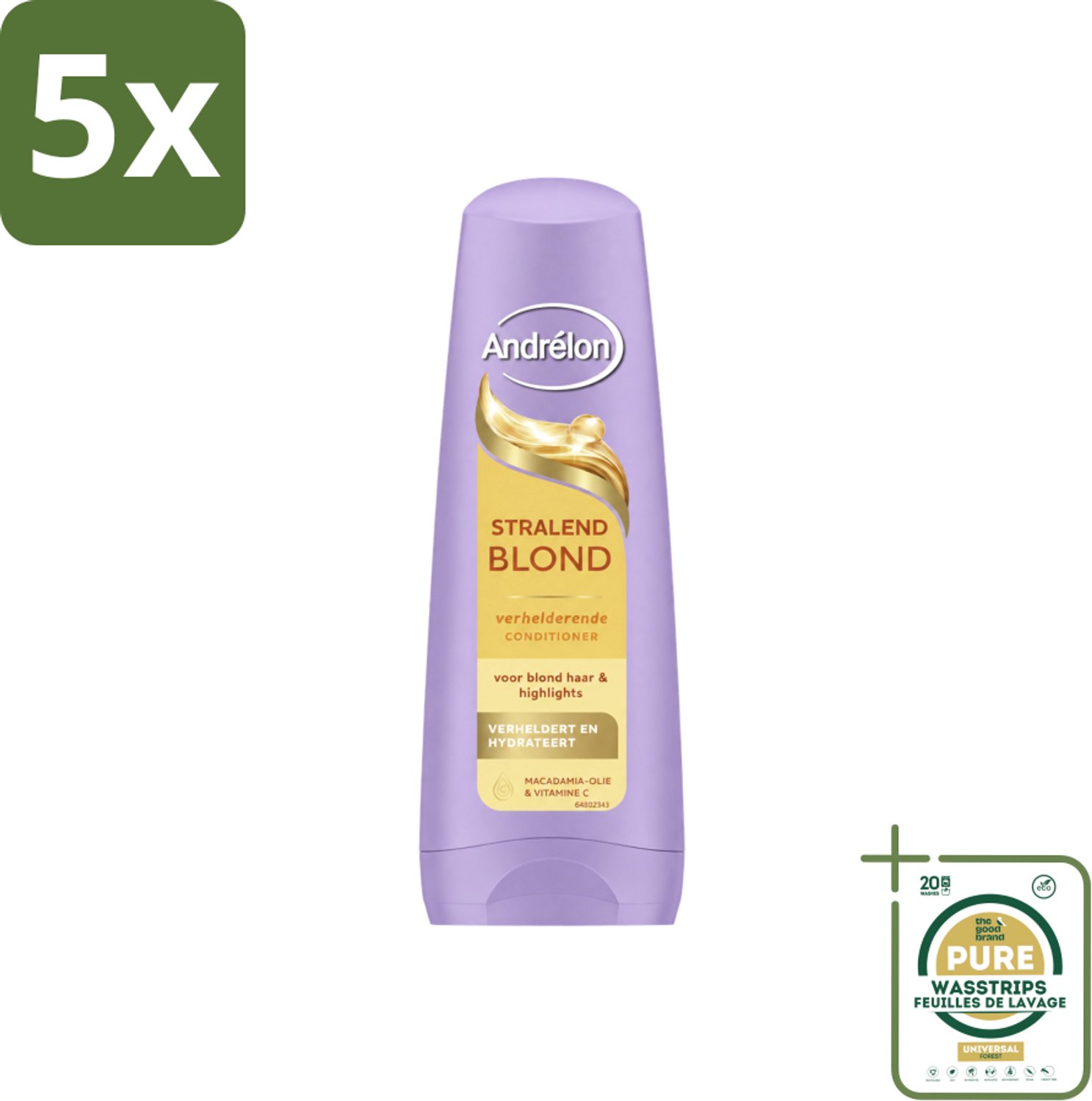 5 x Andrélon – Conditioner – Stralend Blond – 200 ml - Wasstrips - Blond Haar Verzorging - Verhelderende Conditioner - Glans Voor Blond Haar - Highlights Verzorging - Macadamia-olie Conditioner