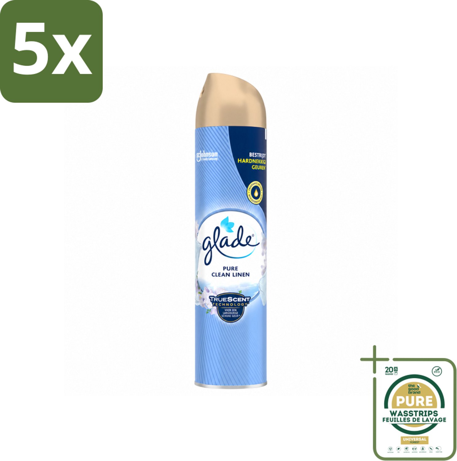 5 x Glade – Luchtverfrisser Spray – Pure Clean Linen – 300 ml - Wasstrips - Luchtverfrisser - Frisse Geur - Luchtverfrisser Spray - Geur Tegen Geurtjes - Luchtverfrisser Linnen