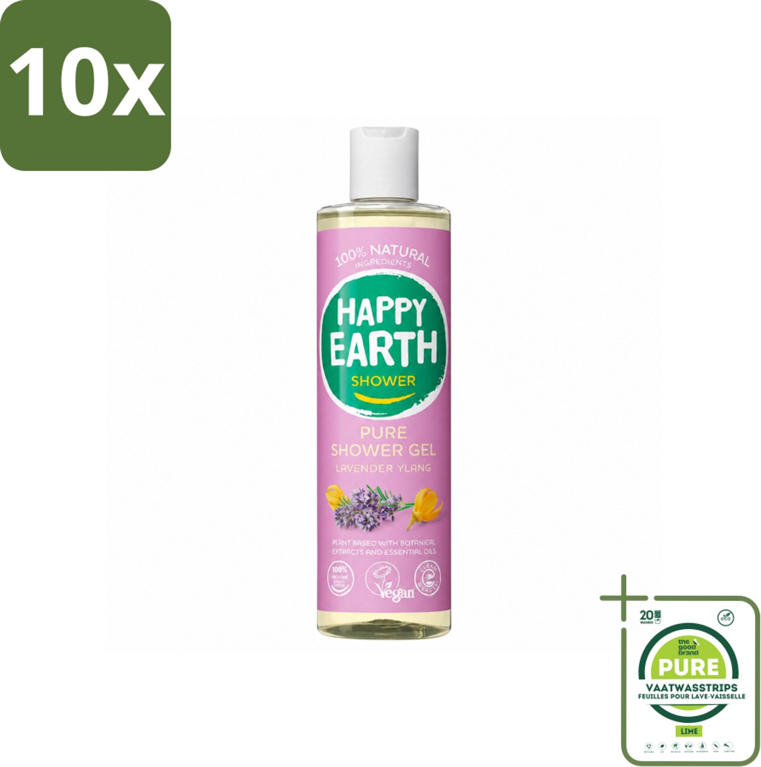 10 x Happy Earth – Douchegel – 100% Natuurlijk Lavender Ylang – 300 ml - Grootverpakking - Vaatwasstrips - Douche Gel - Natuurlijke Douche - Lavendel Douche - Ylang-ylang Douche - Vegan Douche