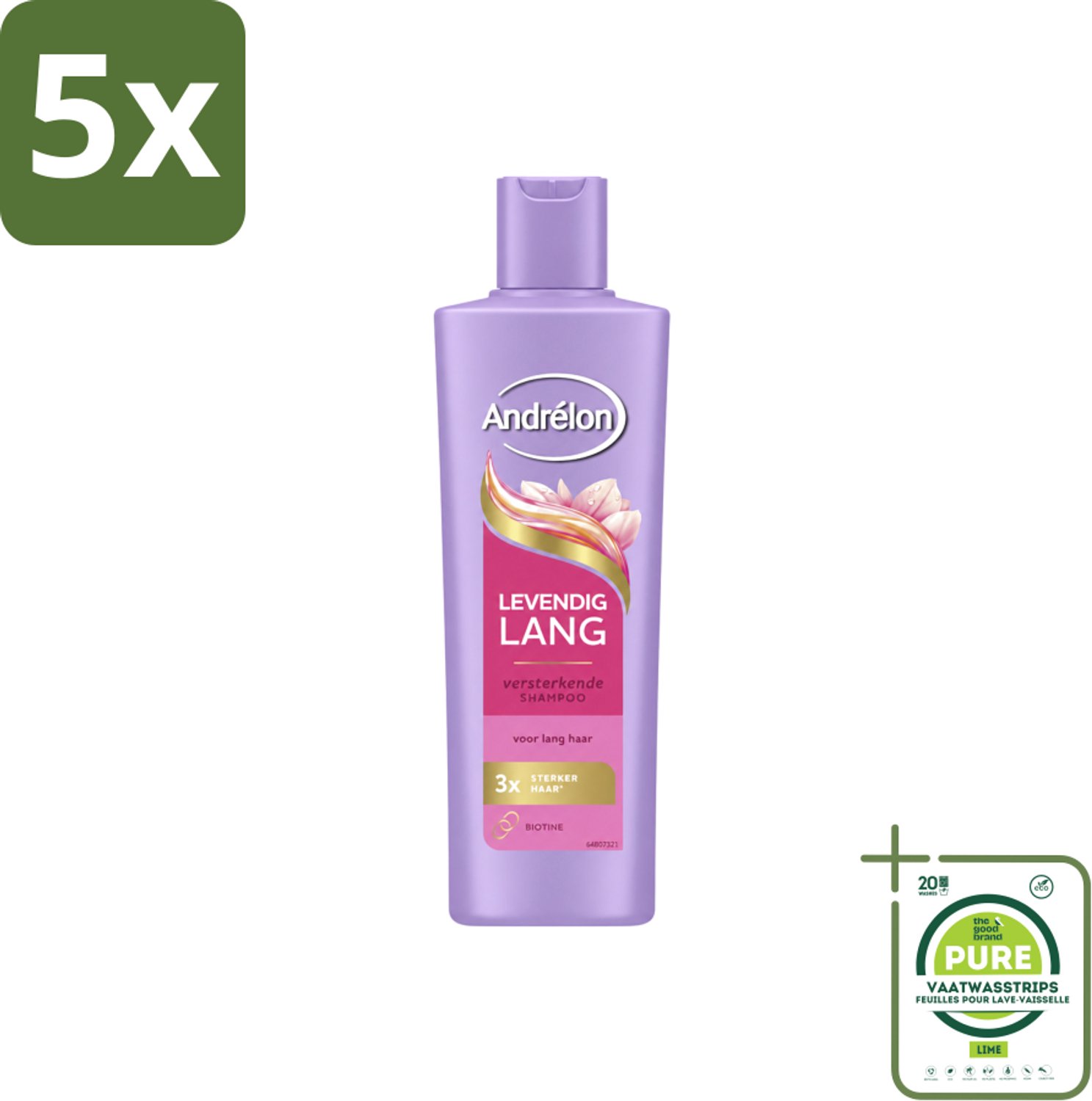 5 x Andrélon – Shampoo – Levendig Lang – 250 ml - Grootverpakking - Vaatwasstrips - Lang Haar Verzorging - Haar Versterken - Biotine Shampoo - Haarbreuk Voorkomen - Gespleten Punten