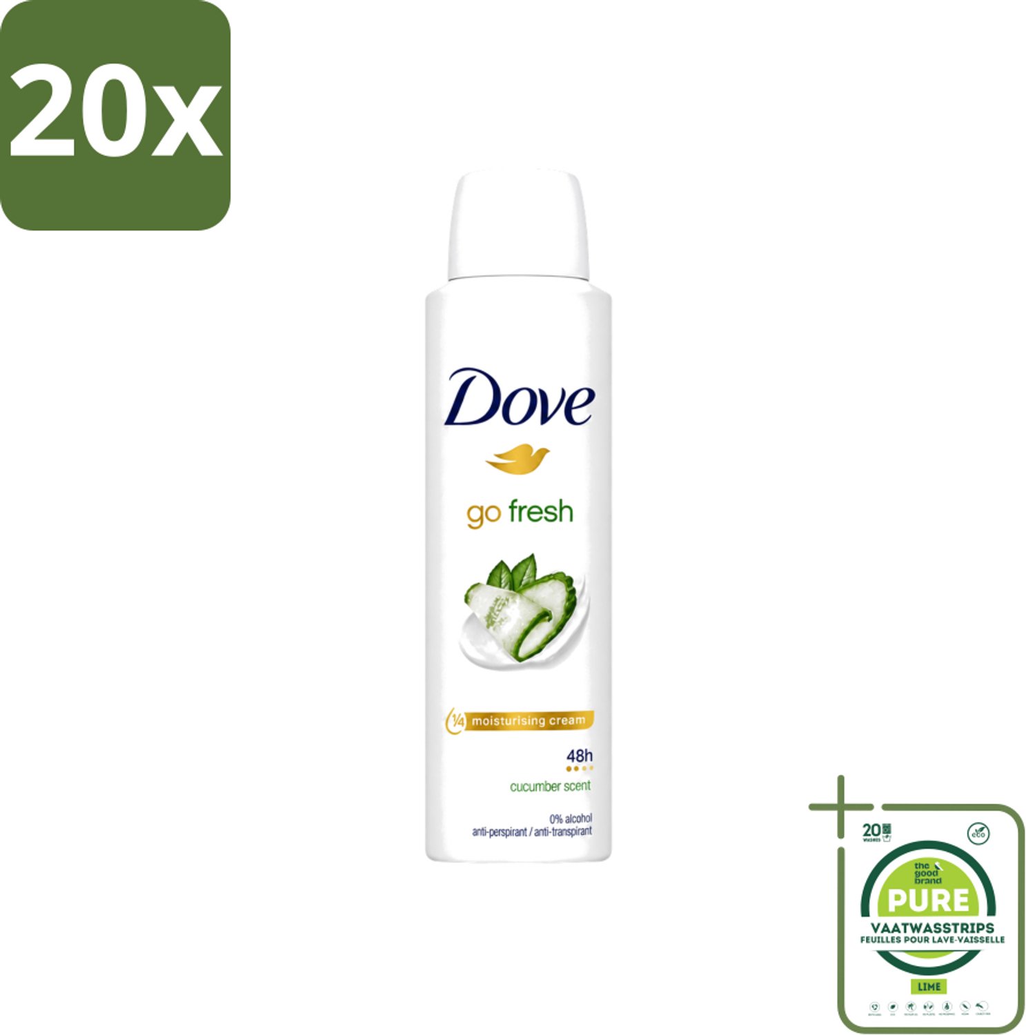 20 x Dove Go Fresh - Deospray - Komkommer - 150 ml - Grootverpakking - Vaatwasstrips - Dove Go Fresh Deospray - Komkommer - Geur - Deodorant - Transpiratie