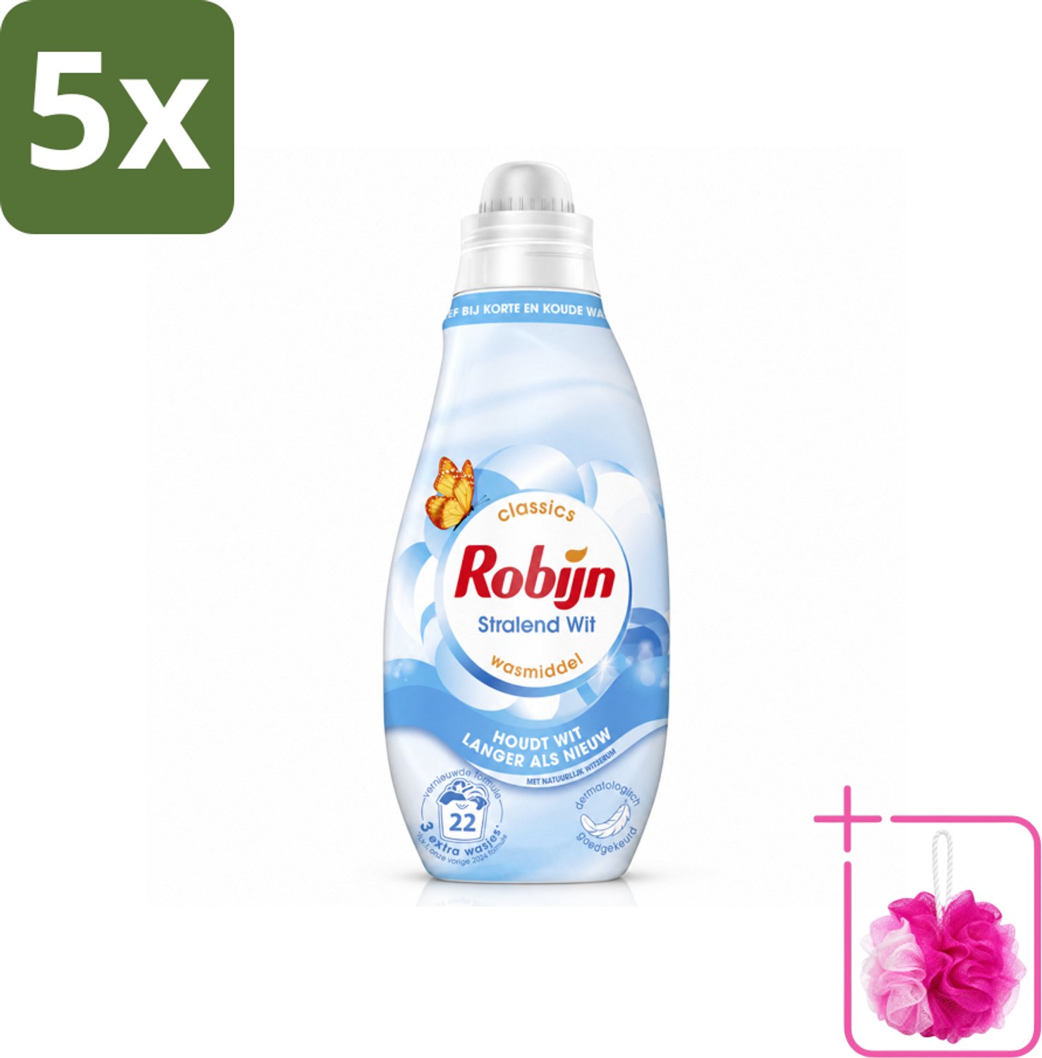5 x Robijn – Vloeibaar Wasmiddel – Klein & Krachtig Classics Stralend Wit - 665 ml - Bulkverpakking - Wit wasmiddel - Douchemop - Wit en licht was