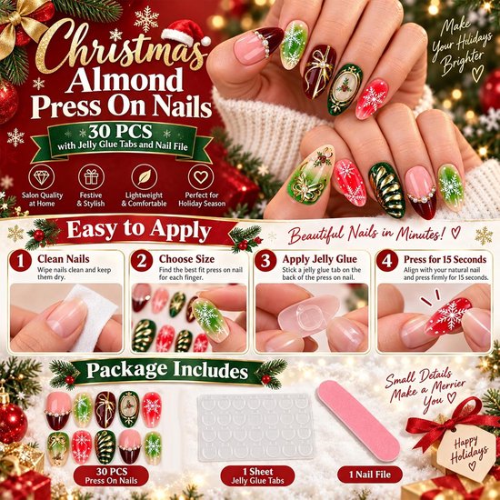 30 stuks kerstnagels, kunstnagels om op te plakken — afbeelding 4
