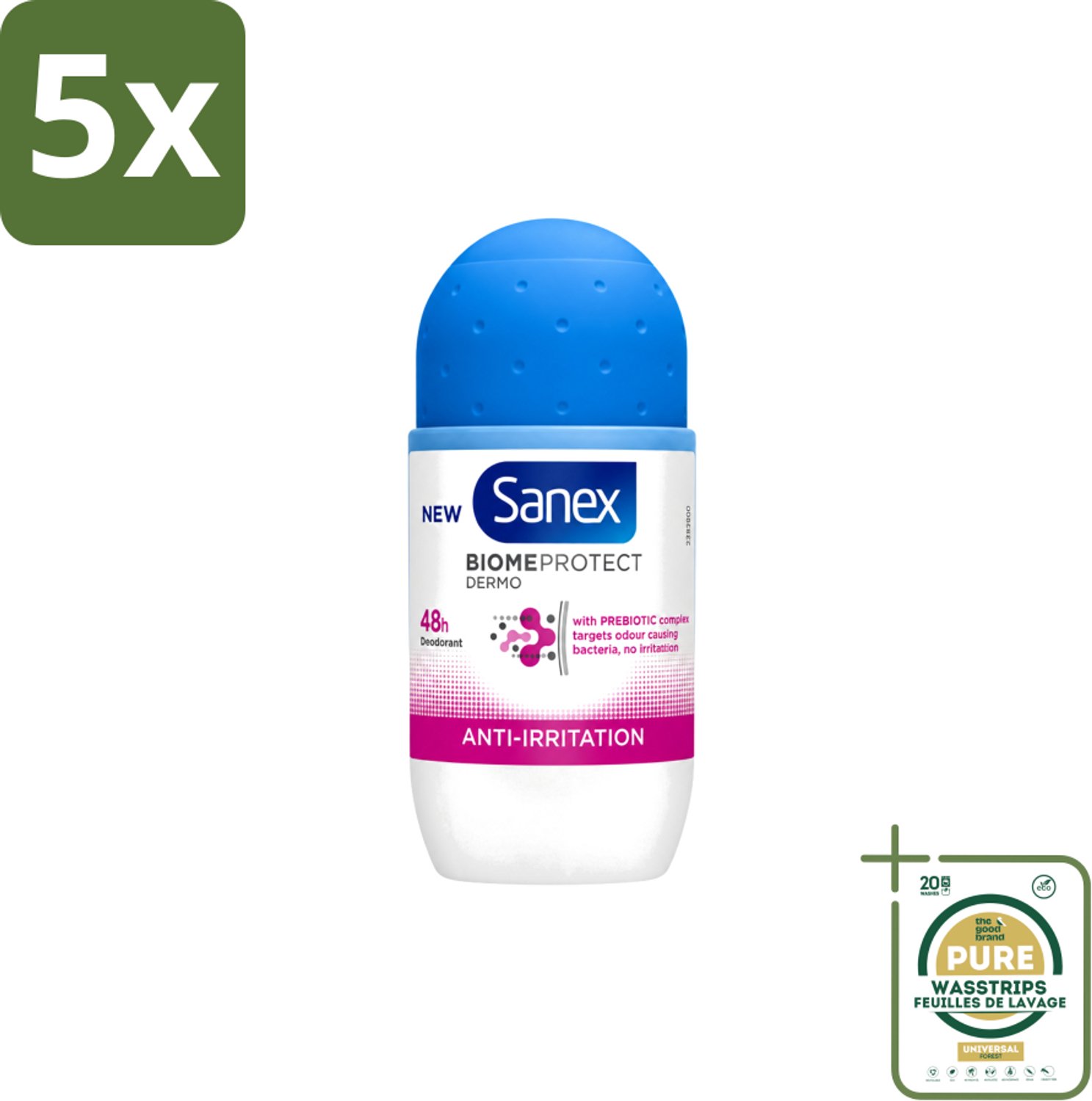5 x Sanex – Deo Roll-on – BiomeProtect Dermo Anti-Irritation – 50 ml - Wasstrips - Gevoelige Huid - Anti-irritatie - Huidmicrobioom - Deodorant Roller - Alcoholvrije Deodorant