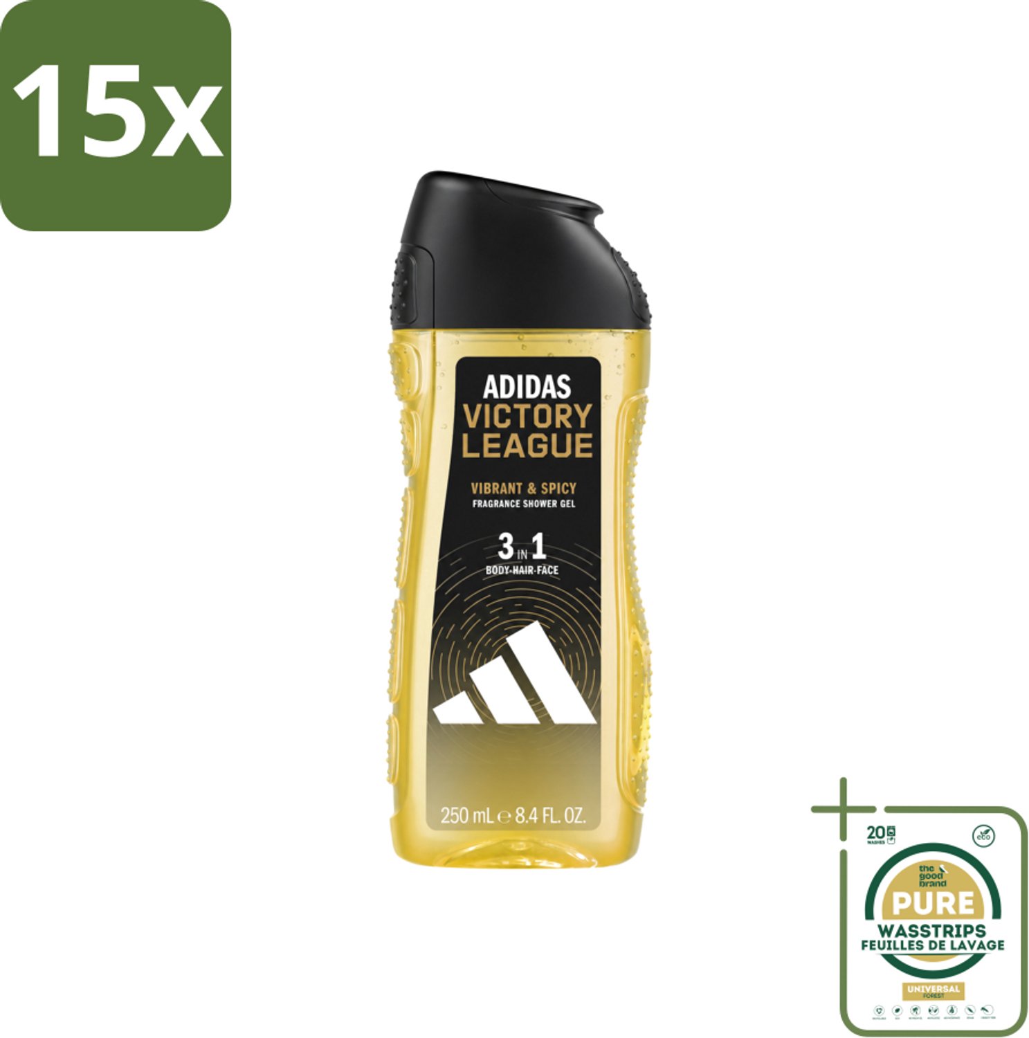 15 x Adidas - 3-in-1 Douchegel - Victory League - Vibrant & Spicy - Gerecyclede Verpakking - 250 ml - Wasstrips - Douchegel - 3-in-1 - Lichaam En Haar - Gezicht - Sportdouchegel
