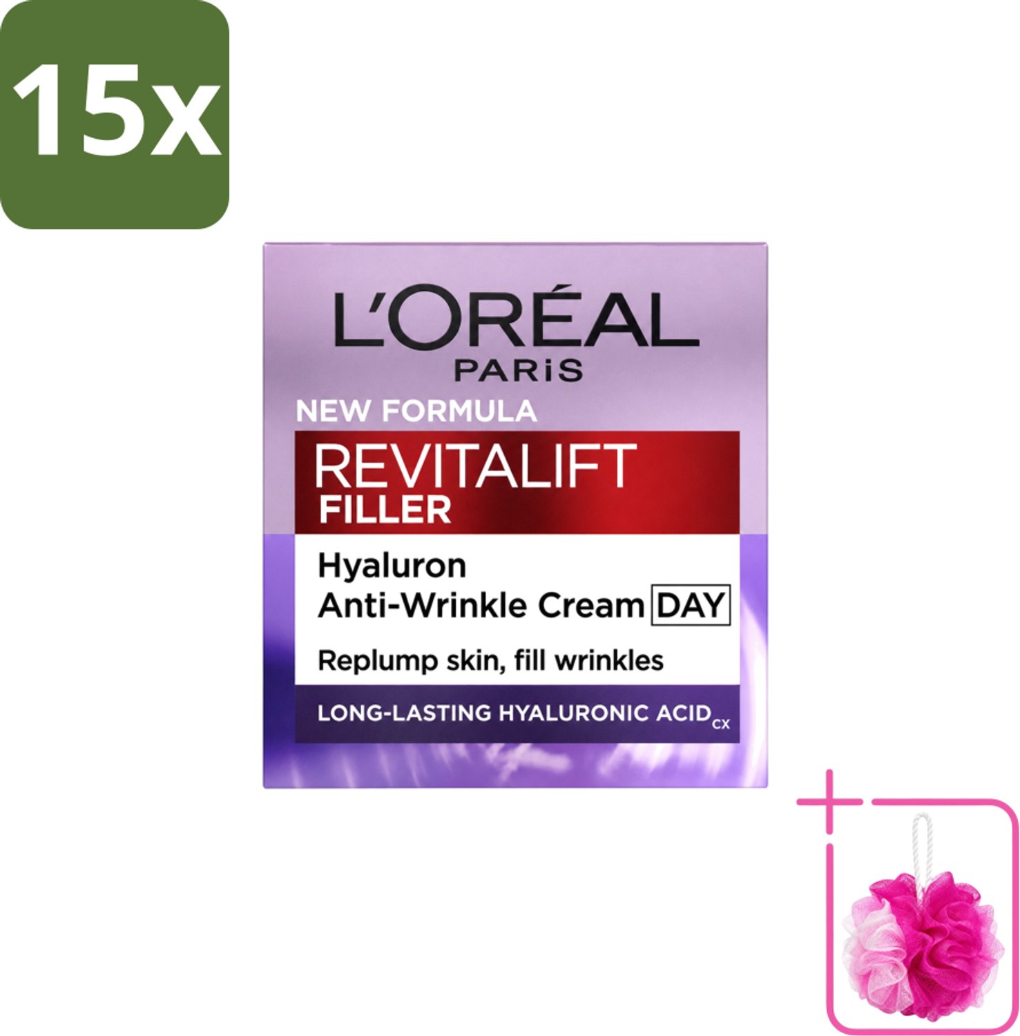 15 x L'Oréal Paris Revitalift Filler - Dagcrème - Anti-Rimpel - Voor Verouderende Huid - 50 ml - Bulkverpakking - Anti-rimpel crème - Douchemop - Veroudering bestrijding