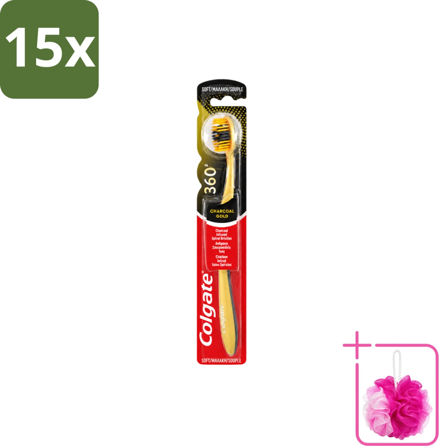 15 x Colgate - Tandenborstel - 360 Charcoal Gold Soft - Zwart/Goud - 1 Tandenborstel - Bulkverpakking - Tandenborstel - Douchemop - Houtskool