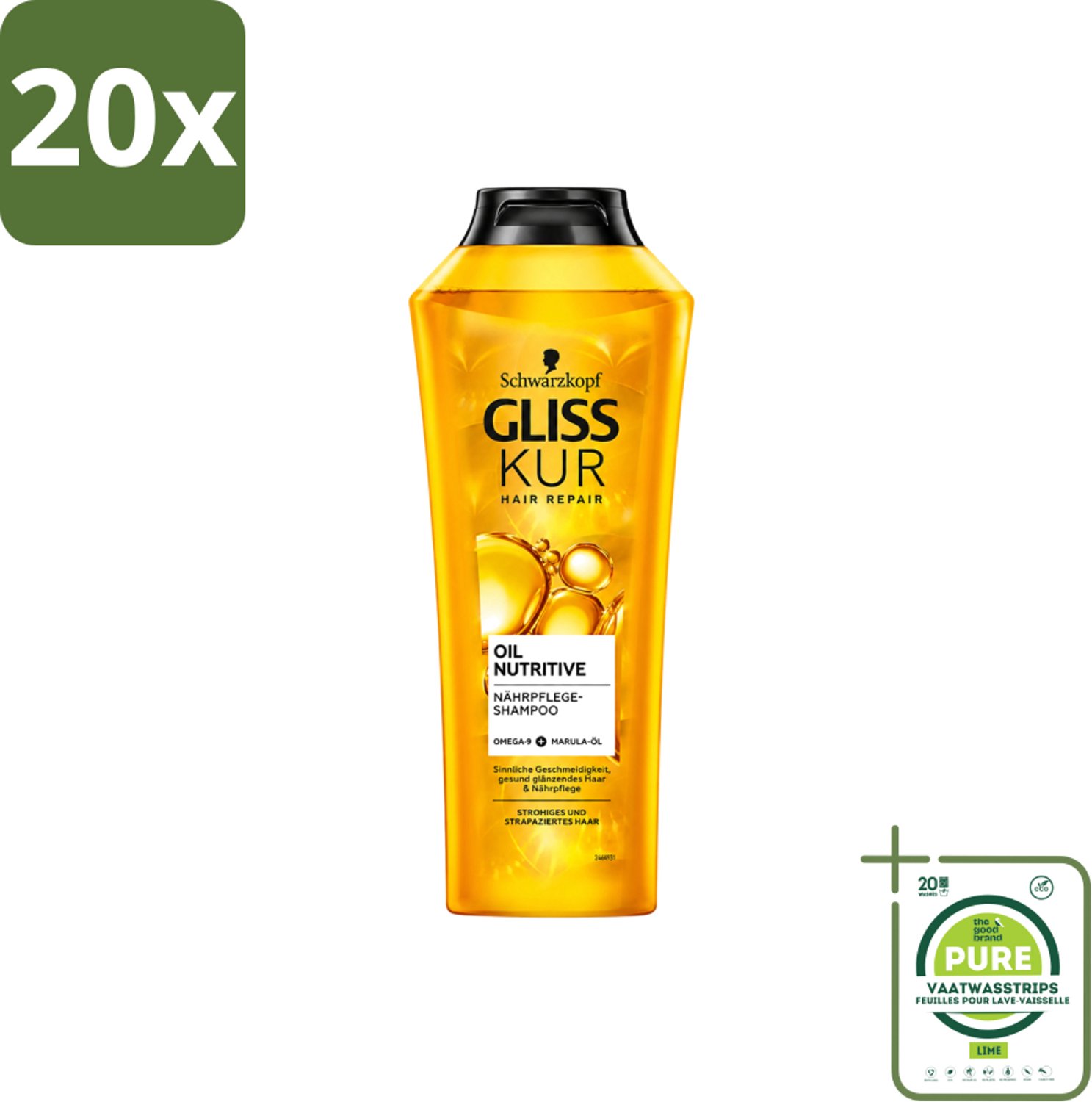 20 x Gliss-Kur - Shampoo - Oil Nutritive - Voedende Shampoo - Voor Stroef & Gespannen Haar - 400 ml - Grootverpakking - Vaatwasstrips - Voedend Shampoo - Stroef Haar - Gespannen Haar - Hydraterend Shampoo - Abrikozenpitolie