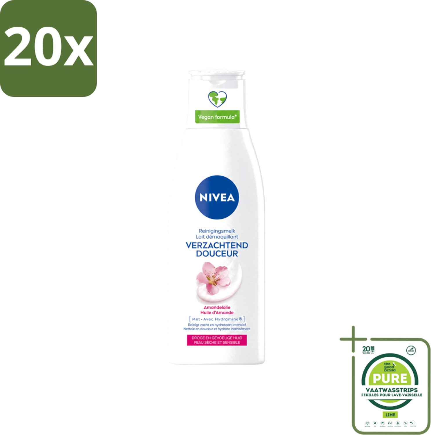 20 x Nivea - Gezichtsreiniger - Droge en Gevoelige Huid - Amandelolie - Hydramine - 200 ml - Grootverpakking - Vaatwasstrips - Gezichtsreiniger - Droge Huid - Gevoelige Huid - Amandelolie - Hydramine