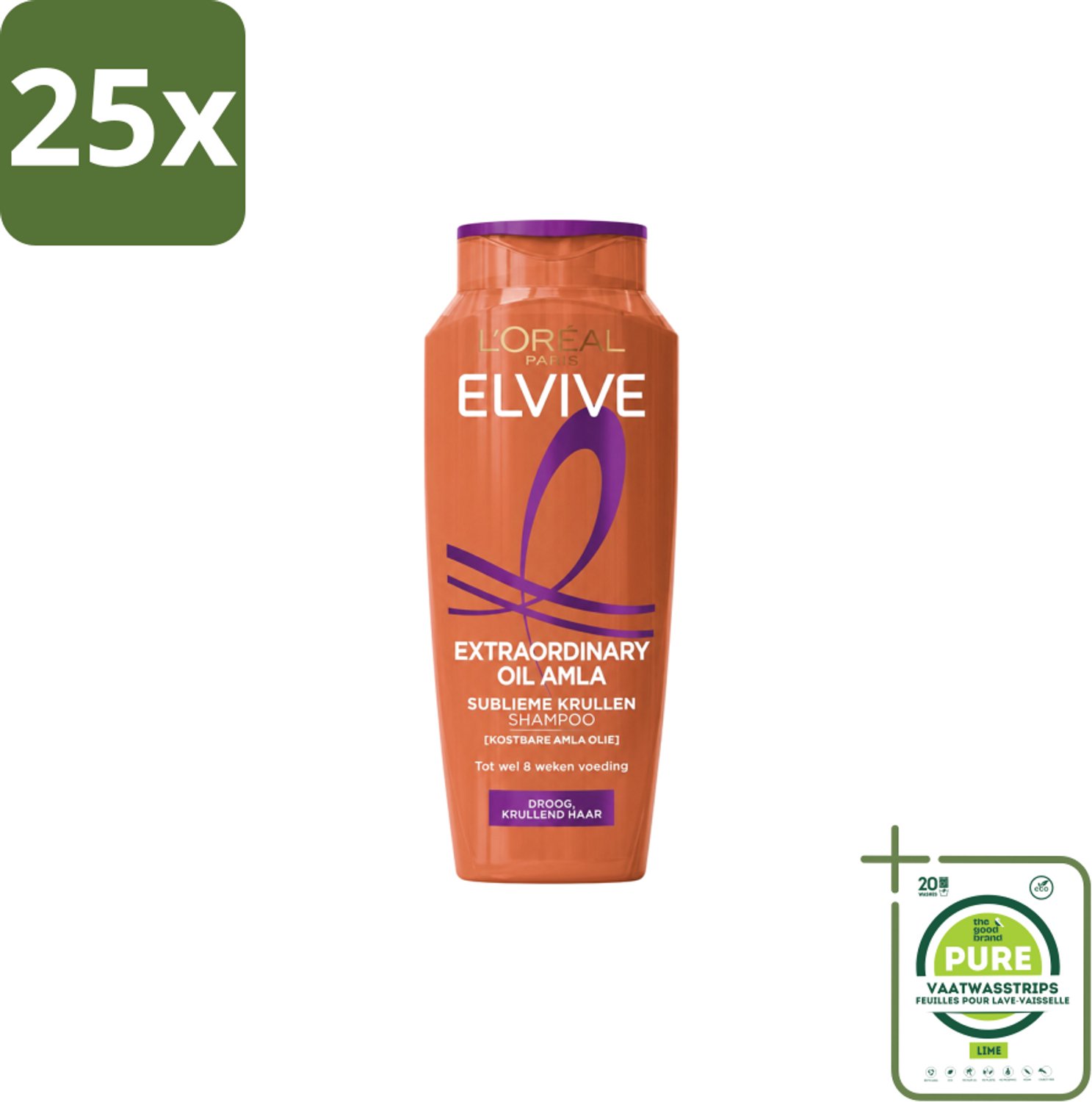 25 x L’Oréal Paris Elvive – Shampoo – Extraordinary Oil Amla – Droog & Krullend Haar – 250 ml - Grootverpakking - Vaatwasstrips - Krullen Conditioner - Droog Haar - Kruldefinitie - Amla-olie - Voeding Haar