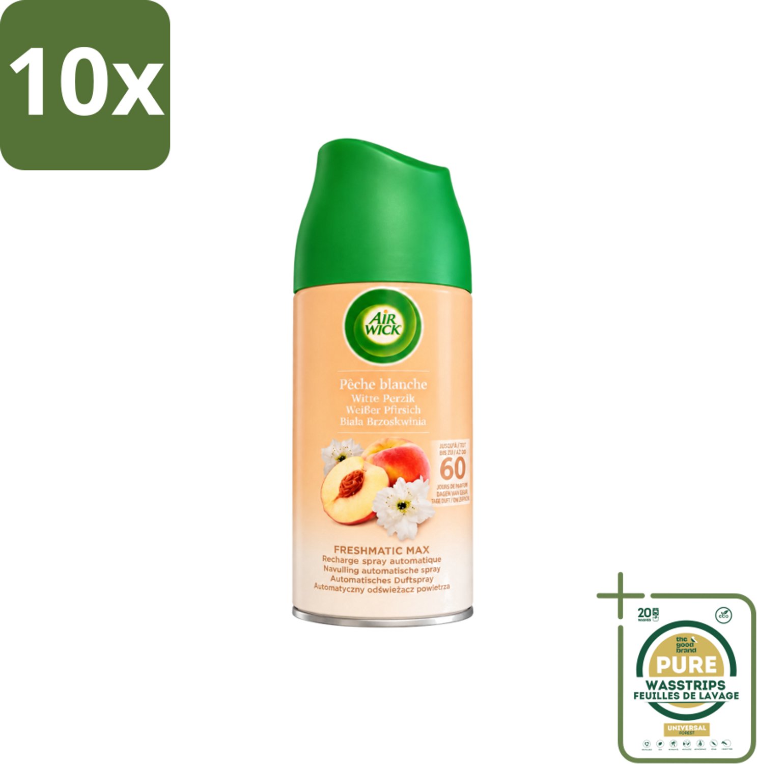 10 x Air Wick - Luchtverfrisser Navulling - Witte Perzik - Automatische Spray - 250 ml - Wasstrips - Luchtverfrisser - Geurverspreiding - Witte Perzik - Automatische Spray - Geurintensiteit