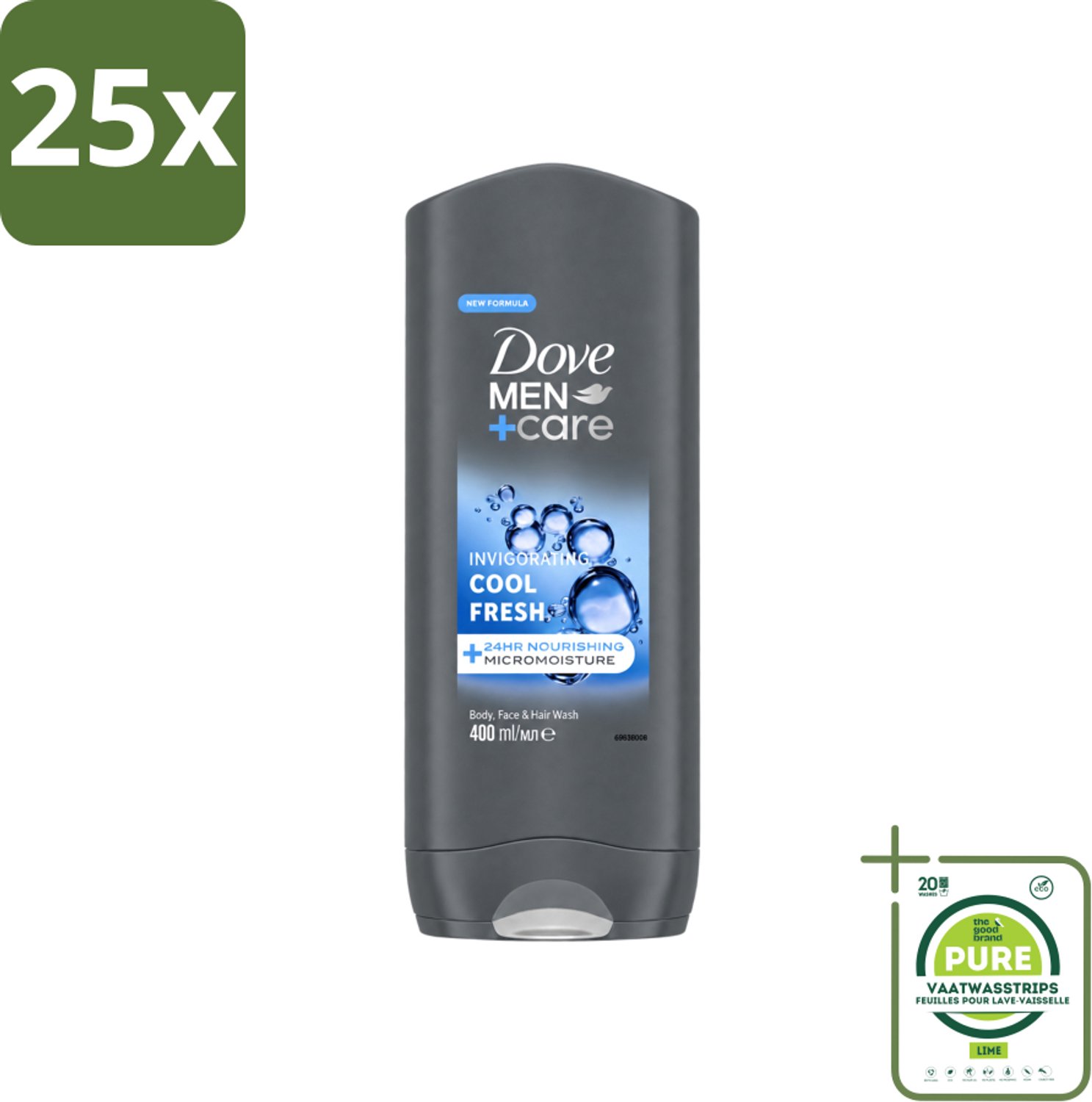 25 x Dove - Douchegel - Men+ Care Cool Fresh - Verfrissend en energiegevend - 400 ml - Grootverpakking - Vaatwasstrips - Douchegel Voor Mannen - Verfrissende Geur - Huid Verzorging - Hydraterende Douchegel - Micromoisture Technologie