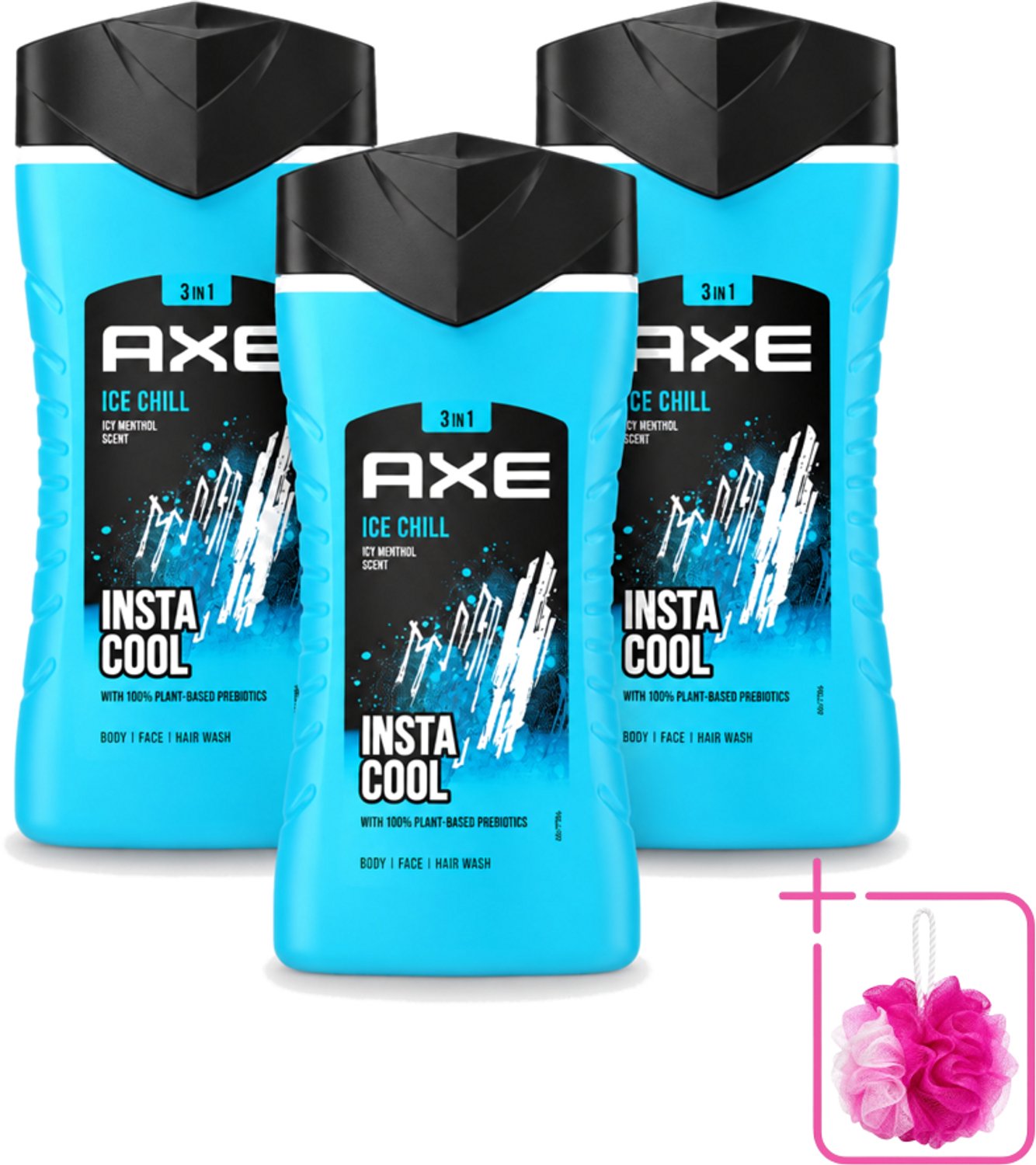 3 x Axe - 3-in-1 Douchegel - Ice Chill - Icy Menthol - Insta Cool - 100% Plantaardig - 150 ml - Bulkverpakking - Douchegel - Douchemop - Menthol