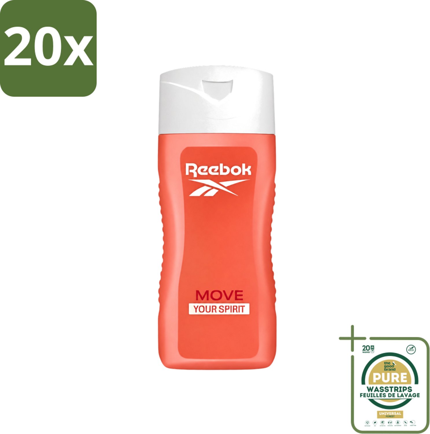 20 x Reebok - Move Your Spirit - Douchegel - 400 ml - Wasstrips - Douchegel - Granaatappel - Citrus - Aloe Vera - Gezin