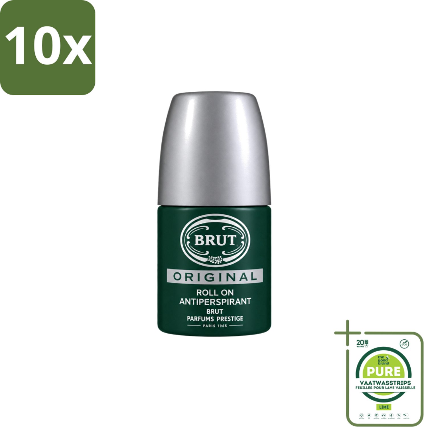 10 x Brut – Deodorant Roll-On – Original – Glas – 50 ml - Grootverpakking - Vaatwasstrips - Deodorant Voor Mannen - Zweetgeur Bestrijding - Fris Gevoel - Klassieke Geur - Roll-on Deodorant