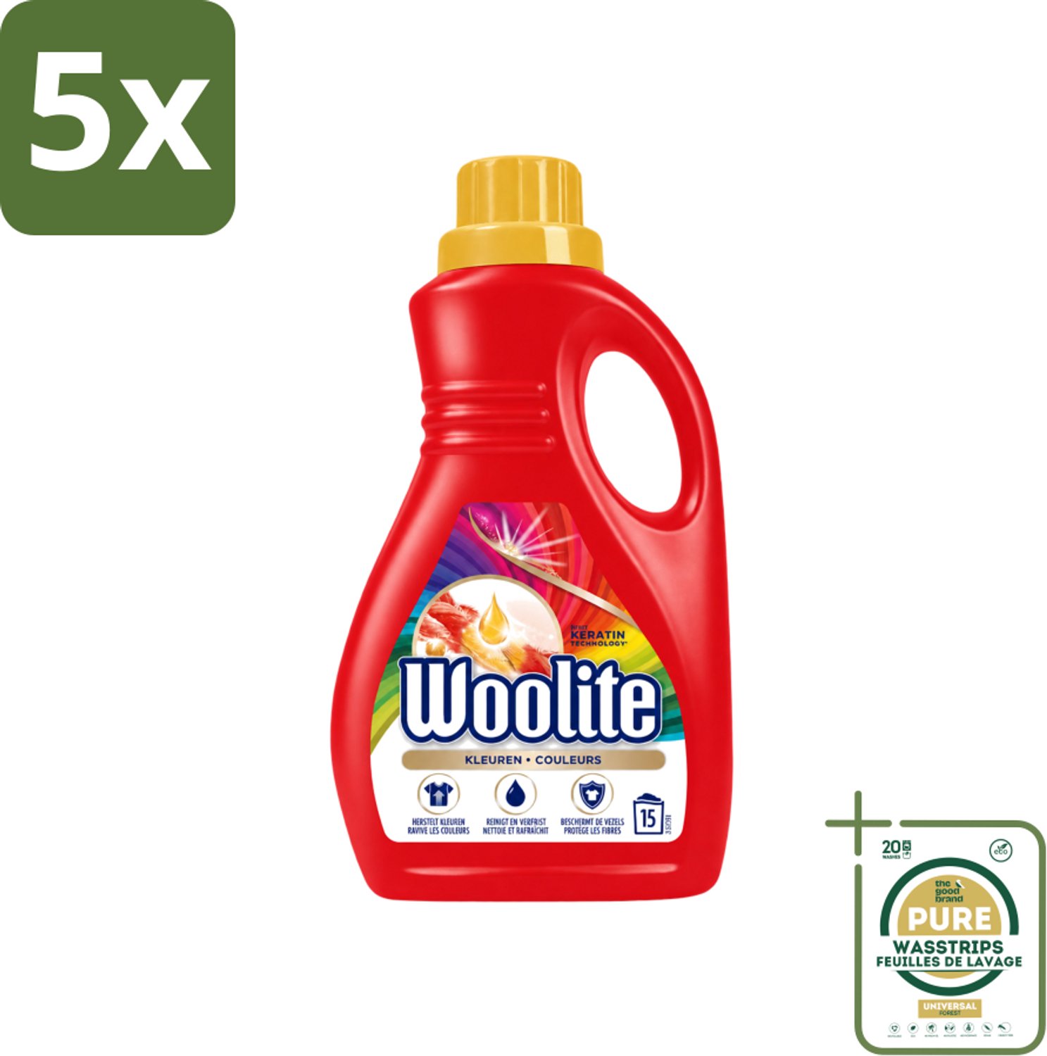 5 x Woolite Color - Vloeibaar Wasmiddel - Met Keratine - Gekleurde Was - 15 Wasbeurten - 0,9L - Wasstrips - Gekleurde Was - Keratine Wasmiddel - Kleurbehoud - Wasmiddel Voor Gekleurde Stoffen - Wasmiddel Met Keratine
