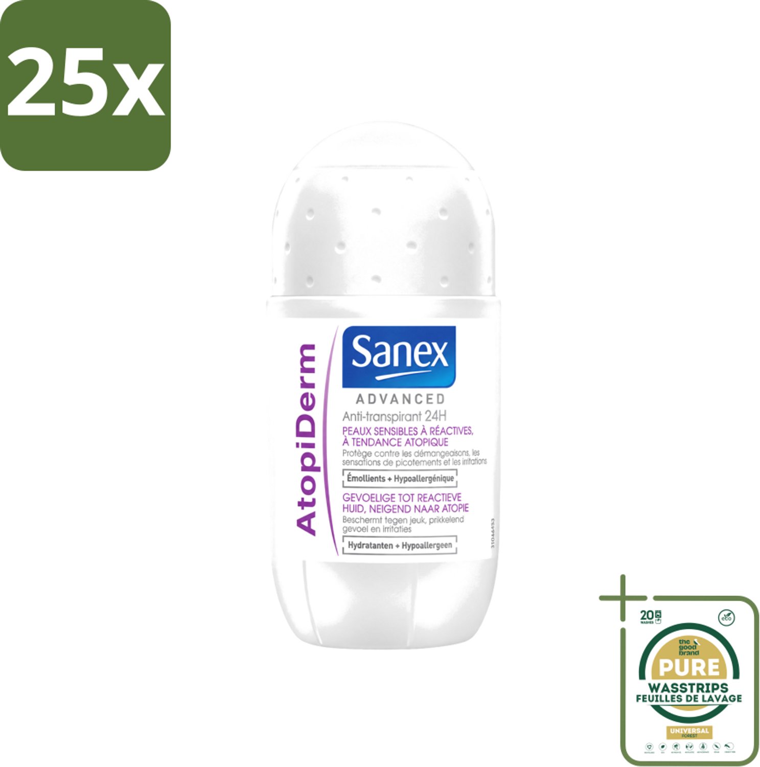 25 x Sanex Advanced - Gevoelig - Deodorant Roller - 24h Anti-Transpirant - Geavanceerd Atopiderm - 50 ml - Wasstrips - Gevoelige Huid - Gevoelig Deodorant - 24h Bescherming - Atopiderm - Huidbarrière