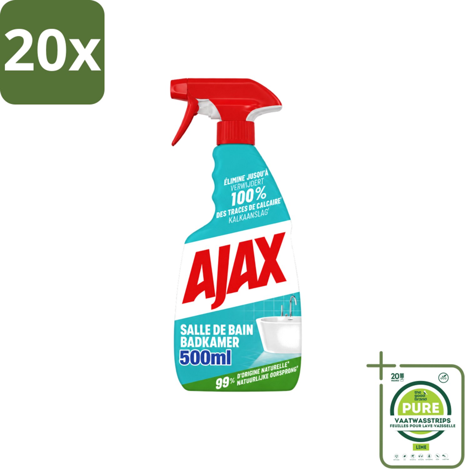 20 x Ajax – Badkamer Spray – 500 ml - Grootverpakking - Vaatwasstrips - Badkamer Reinigen - Kalk Verwijderen - Zeepresten Verwijderen - Badkamer Schoonmaken - Anti-kalk Spray