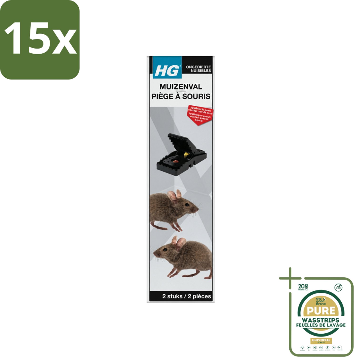 15 x HG X - Muizenval - Zeer Effectief & Hygiënisch - 2 Vallen - Wasstrips - Muizenval - Muizenbestrijding - Hygiëne - Herbruikbare Muizenval - Effectieve Muizenval