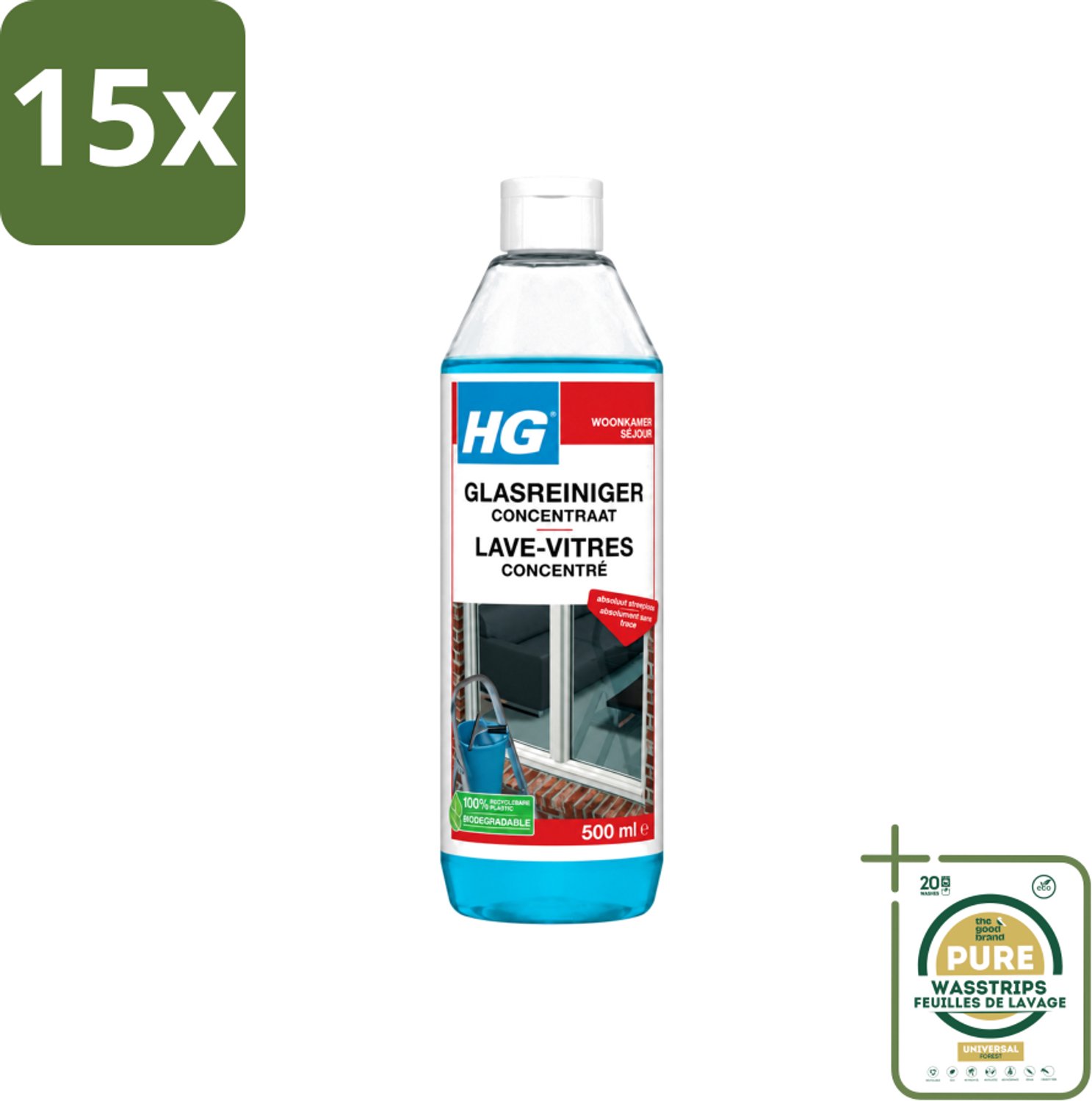 15 x HG - Glasreiniger Concentraat - Streeploos Schoon - 12 Schoonmaakbeurten - 500 ml - Wasstrips - Glas Reinigen - Streeploos Reinigen - Ramen Reinigen - Glazen Reiniger - Reinigingsmiddel