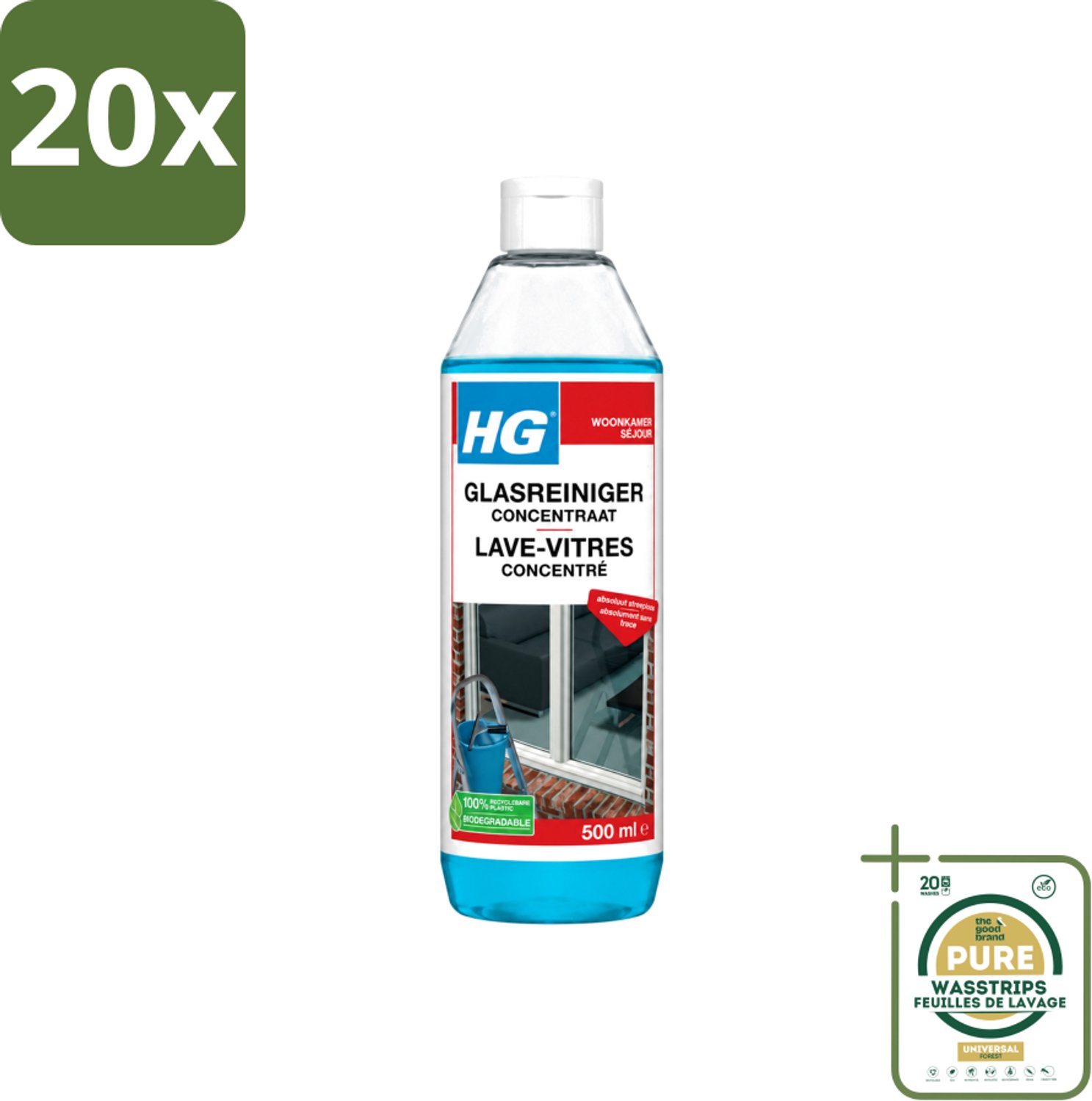 20 x HG - Glasreiniger Concentraat - Streeploos Schoon - 12 Schoonmaakbeurten - 500 ml - Wasstrips - Glas Reinigen - Streeploos Reinigen - Ramen Reinigen - Glazen Reiniger - Reinigingsmiddel