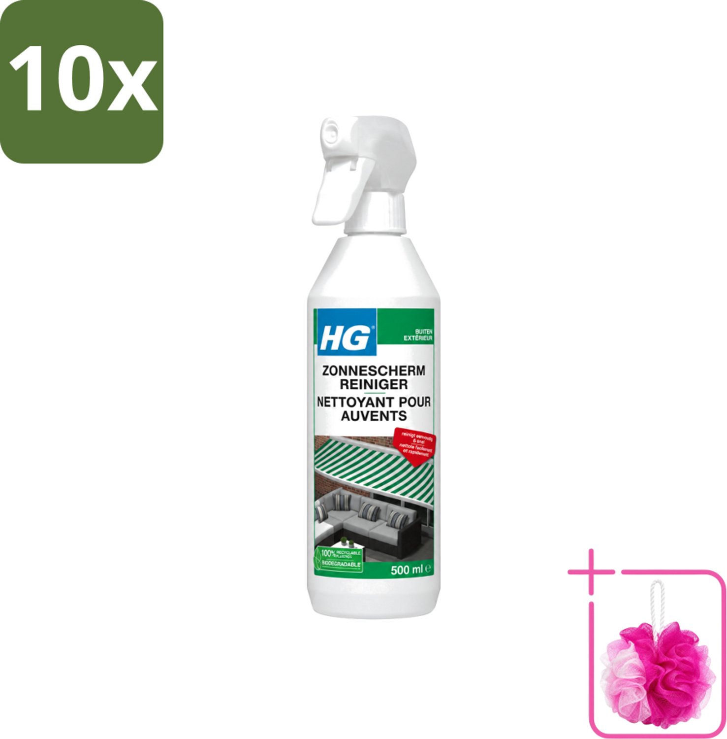 10 x HG - Buiten - Zonneschermreiniger - Reinigt Eenvoudig & Snel - 500 ml - Bulkverpakking - Zonnescherm reinigen - Douchemop - Buitenstoffen reinigen