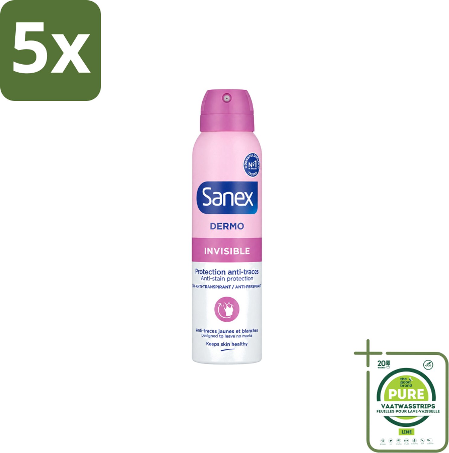 5 x Sanex – Deodorant Spray – Dermo Invisible – 150 ml - Grootverpakking - Vaatwasstrips - Onzezichtbare Deodorant - Deodorant Spray - Transpiratieregulatie - Huidbescherming - Strepenvoorkomend