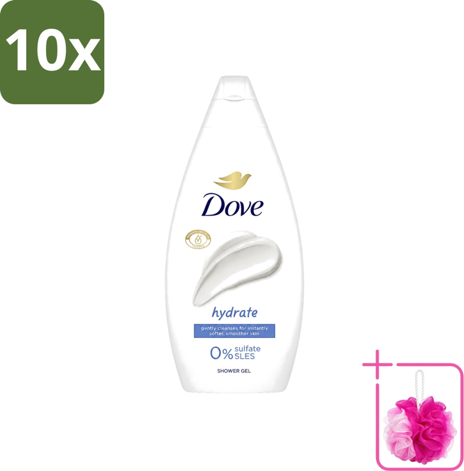 10 x Dove Hydrate - Douchegel - Sulfaatvrij - 250 ml - Bulkverpakking - Hydraterende douchegel - Douchemop - Sulfaatvrije douchegel
