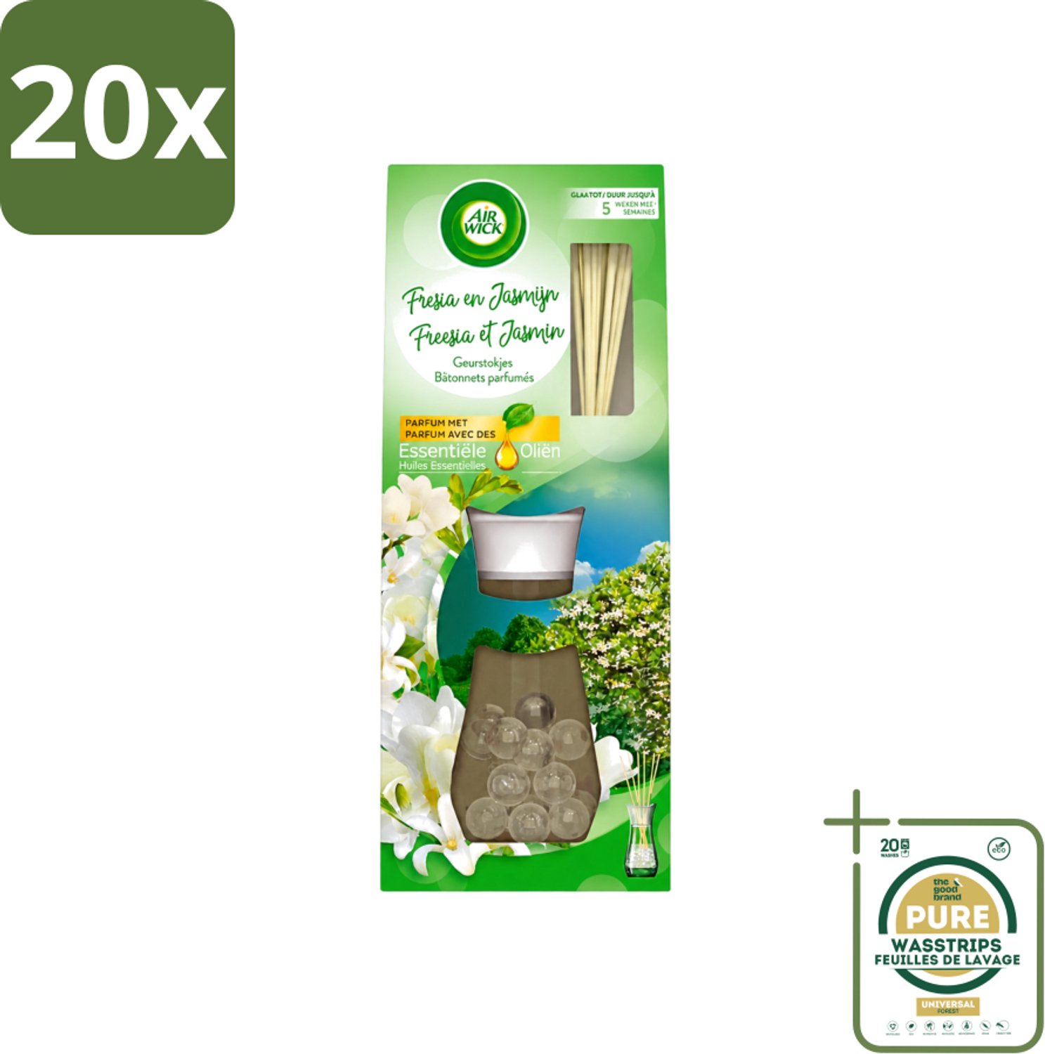20 x Air Wick Essential Oils - Geurstokjes - Freesia & Jasmijn - 30ml - Wasstrips - Geurstokjes - Bloemige Geur - Freesia - Jasmijn - Essentiële Oliën
