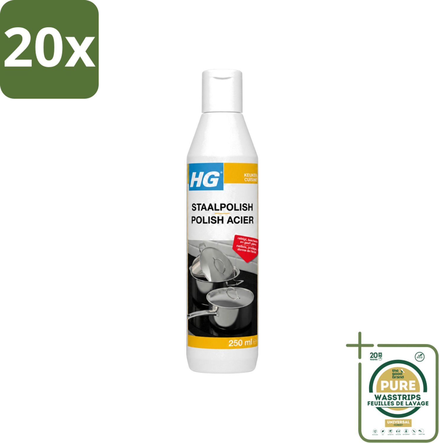 20 x HG - Staalpolish - Beschermt & Polijst RVS - 250 ml - Wasstrips - Roestvrij Staal Polish - Keukenpolijst - Beschermende Polish - Glanspolijst - Keukenonderhoud