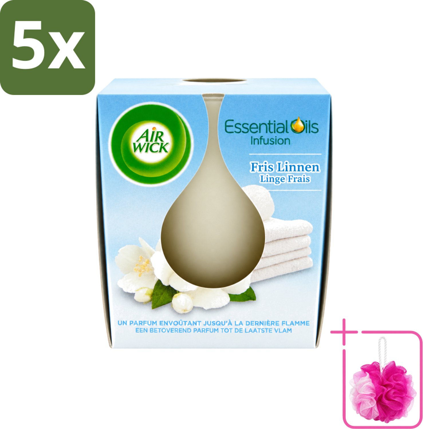 Air Wick 5 x Air Wick – Geurkaars – Fris Linnen met Essentiële Oliën – 105 g - Bulkverpakking - Geurkaars - Douchemop - Fris linnen Wit